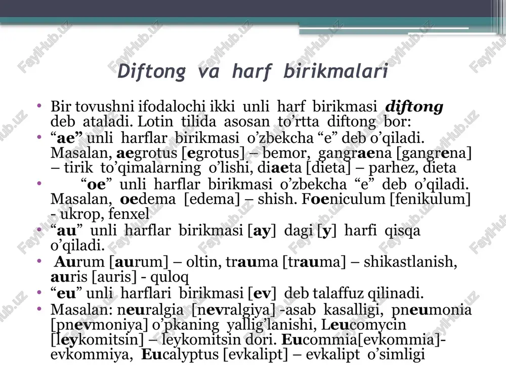 kyphosis – umurtqa pog’onasining orqaga qiyshayishi; hemispherium – yarim kurra; sectiones hypothalami – miyaning ko’ruv bo’rtig’i ostidagi qismi kesishmasi; splanchnologia – ichki a’zolar haqidagi fan; sphincter – qisuvchi, toraytiruvchi; bronchus – bronx; ductus choledochus – umumiy o’t yo’li; os scaphoideum – qayiqsimon suyak; phalanges – barmoqlar; symphysis – bitishma, birikma; synchondrosis – suyaklarning tog’ay yordamida harakatsiz qo’shilishlari; isthmus – toraygan joy (siqiq); truncus brachicephalicus – yelka boshti poyasi. 6 mashq №1. “qu” va “ngu” harf birikmalarining talaffuziga e’tibor berib o’qing: squama occipitalis – ensaga tegishli tanga; lamina quadirigemina – to’rt juftli plastinka; quadratus – to’rt burchakli; vertebra quinta – beshinchi umurtqa; lingua – til; lingula – tilcha; inguinalis – chovga tegishli; unguis – tirnoq; squamosus – tangachasimon; os triquetrum – uch qirrali suyak; sublingualis – til osti; angulus – burchak; sanguis – qon; sanguineus – qon tashuvchi. mashq № 2. “ti” harf birikmasining talaffuziga e’tibor berib o’qing: adductio – yaqinlashtirish; …