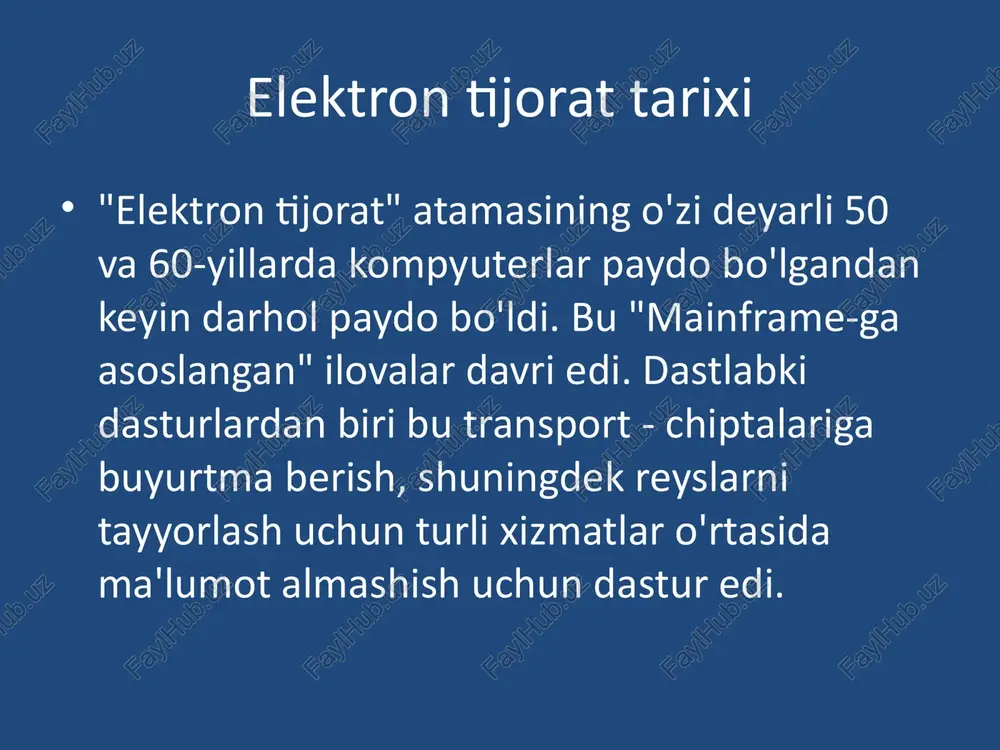 ar ichki va xalqaro biznesni osonlashtirish uchun moliyaviy ma'lumotlar almashish uchun internetdan foydalanadilar. ma'lumotlarning yaxlitligi va xavfsizligi elektron tijoratning dolzarb muammolari. elektron tijorat maqsadlari : tannarxni pasaytirish; ishlab chiqarish vaqtini qisqartirish; mijozlarning talablarini tezlashtirish; xizmat ko'rsatish sifatini oshirish. elektron tijoratning iqtisodiy sharoitf sezilarli darajada va quyidagicha ta'siri: narxlarga ta'siri - elektron bozorni yaratishdan boshqa narsa yo'q iste'molchilarni qidirishni osonlashtiradigan ma'lumotlarning kombinatsiyasi sifatida nafaqat tovarlar, balki eng maqbul narx; ishlab chiqarish samaradorligining pasayishi hisobiga tranzaktsiya xarajatlari, raqobatning kuchayishi va oshkora biznes bilan shug'ullanish; inventarizatsiyani qisqartirish - ma'lumotlar asta-sekin real bilan almashtirilmoqda zaxiralar, chunki ularni ortiqcha saqlash foydasiz, chunki tarkibiy qismlarni iste'mol qilish jarayonini to'g'ri tasavvur qiling. elektron tijorat quyidagilarni modelarni o'z ichiga oladi: elektron ma'lumotlar almashinuvi (electronis data interchange), elektron pul o'tkazmalari (electronic funds transfer), elektron tijorat (e-trade), elektron pullar (e-cash), elektron marketing (e-marketing), elektron bank (e-banking), elektron sug'urta xizmatlari (e-insurance). 3. tashkilotlarda va tadbirkorlikda elektron tijoratni b2b sektoridan foydalanish. bunday …