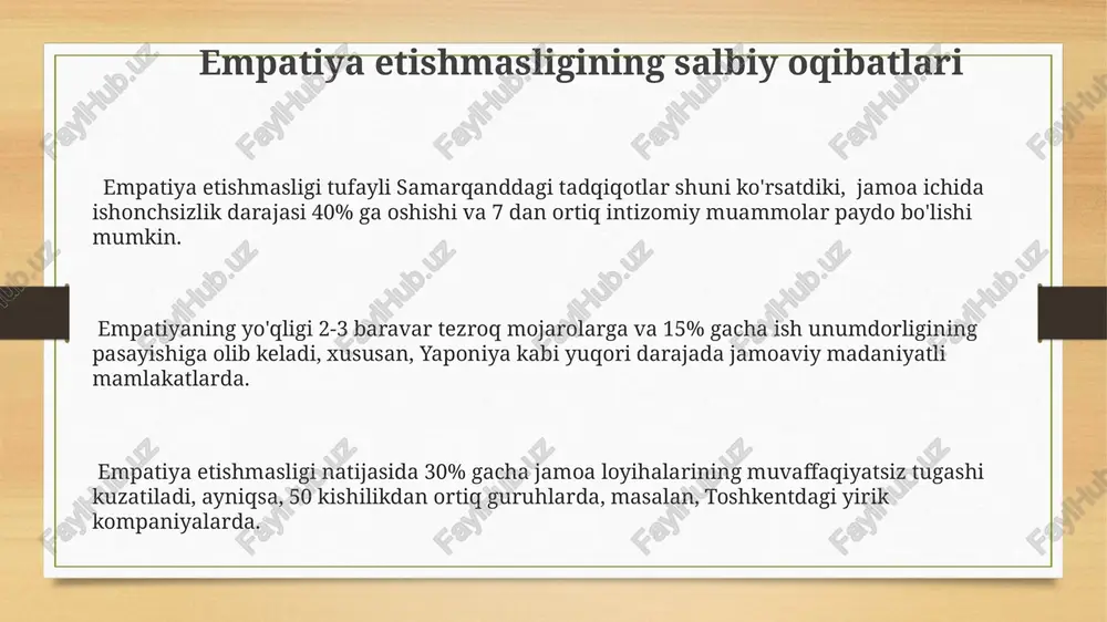 empatiyaning guruh ijodkorligiga ta'siri empatiyaning etishmasligi, 70% gacha bo'lgan hollarda, masalan, aqshning silikon vodiysidagi texnologiya kompaniyalarida guruh ichidagi mojarolar va ish unumdorligining pasayishiga olib kelishi mumkin. o'zbekistonning toshkent shahridagi 50 nafar talaba ustida o'tkazilgan tajriba, yuqori empatiya darajasiga ega guruhlar, kam empatiyali guruhlarga nisbatan 2 baravar tezroq muammolarni hal qilishganini ko'rsatdi. empatiya, 2018 yilda o'tkazilgan amerika psixologiya assotsiatsiyasi tadqiqotiga ko'ra, guruh a'zolari o'rtasidagi 30% gacha bo'lgan samaradorlik orttirishiga olib kelishi mumkin, ayniqsa murakkab loyihalarda. empatiya va liderlik empatiyaning pastligi 5 dan ortiq xodimli jamoalarda 40% gacha ish unumdorligining pasayishiga olib kelishi mumkin, deydi london biznes maktabining mutaxassislari. empatiyaga ega liderlar 30% ko'proq samarali jamoalarni boshqaradilar, degan tadqiqot natijalari aqshning stenford universiteti tomonidan o'tkazilgan. 2018-yilda o'tkazilgan so'rovnomalar natijalariga ko'ra, o'zbekistondagi muvaffaqiyatli kompaniyalar rahbarlarining 75%i o'z xodimlariga nisbatan yuqori darajadagi empatiyaga ega. empatiya ta'rifi va turlari empatiyaning kognitiv turi – bu boshqaning nuqtai nazaridan vaziyatni tahlil qilish va tushunish qobiliyati; masalan, tokiodagi …