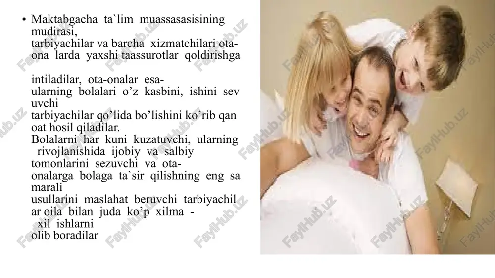 o'ziga xos shaxs sifatida unga bo'lgan ishonch va hurmat.bu maqsad quyidagi vazifalar orqali amalga oshiriladi: 1. bolalik va ota -onaga hurmatni tarbiyalash. 2. oila mikro muhitini o'rganish uchun ota -onalar bilan o'zaro munosabatlar. 3. oila umumiy madaniyati va ota -onalarning psixologik -pedagogik kompetentsiyasini oshirish va targ'ib qilish. 4. o'quvchilarning ota -onalariga nazariy bilimlar asoslarini etkazish va bolalar bilan amaliy ishlash ko'nikma va malakalarini shakllantirish orqali amaliy va nazariy yordam ko'rsatish. 5. ota -onalar bilan oilalarga individual tarzda yondashishga asoslangan hamkorlik va qo'shma ijodkorlikning har xil shakllaridan foydalanish maktabgacha ta'lim muassasasi va oila o'rtasidagi ishonchli o'zaro munosabatni amalga oshirish uchun zarur bo'lgan asosiy shartlar quyidagilardir: 1. tarbiyalanuvchilar oilalarini o'rganish: ota -onalarning yoshi, ularning ma'lumoti, umumiy madaniy darajasi, shaxsiy xususiyatlarini hisobga olgan holda. ota -onalar, ularning tarbiyaga bo'lgan qarashlari, oilaviy munosabatlarning tuzilishi va xususiyatlari va boshqalar 2. bolalar bog'chasining oilaga ochiqligi. 3. o'qituvchining bolalar va ota -onalar bilan ishlashga yo'naltirilishi. 1. o'quvchilarning …