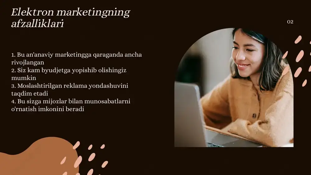 jtimoiy tarmoqlarda paydo bo'lsa, klik uchun to'lov sifatida tasniflanishi mumkin. klik uchun to‘lov (ppc) 09 ushbu elektron marketing turi maqsadli auditoriyangizga ularning smartfon yoki planshetlarida erishishga qaratilgan. mobil marketing odamlarga matnli xabarlar, ijtimoiy tarmoqlar, veb-saytlar, elektron pochta va mobil ilovalar orqali yetib boradi. marketologlar takliflarni yoki maxsus kontentni geografik joylashuv yoki vaqtga moslashtirishi mumkin, masalan, mijoz do'konga kirganda yoki tadbirga kirganda. mobil markwting 03 xulosa elektron marketing haqida hulosa qiladigan boʻlsak biznes egalari uchun oziga hos qulaylik imkoni beradi va sotuv samarasini brend tanitish kompaniya haqida koʻproq tanilish imkonini beradi va bu juda yaxshi amaliy jarayondir 10 eʼtiboringiz uchun rahmat image1.png image2.svg image3.jpeg image4.png image5.svg image6.jpeg image7.png image8.svg image9.jpeg image10.png image11.svg image12.jpeg image13.jpeg image14.png image15.svg image16.jpeg image17.png image18.svg image19.png image20.svg image21.png image22.svg image23.png image24.svg image25.jpeg image26.png image27.svg image28.jpeg image29.jpeg image30.jpeg image31.png image32.svg image33.png image34.svg image35.jpeg image36.jpeg image37.jpeg image38.png image39.svg image40.png image41.svg image48.jpeg image42.png image43.svg image44.png image45.svg image46.png image47.svg image49.jpeg image50.png …
