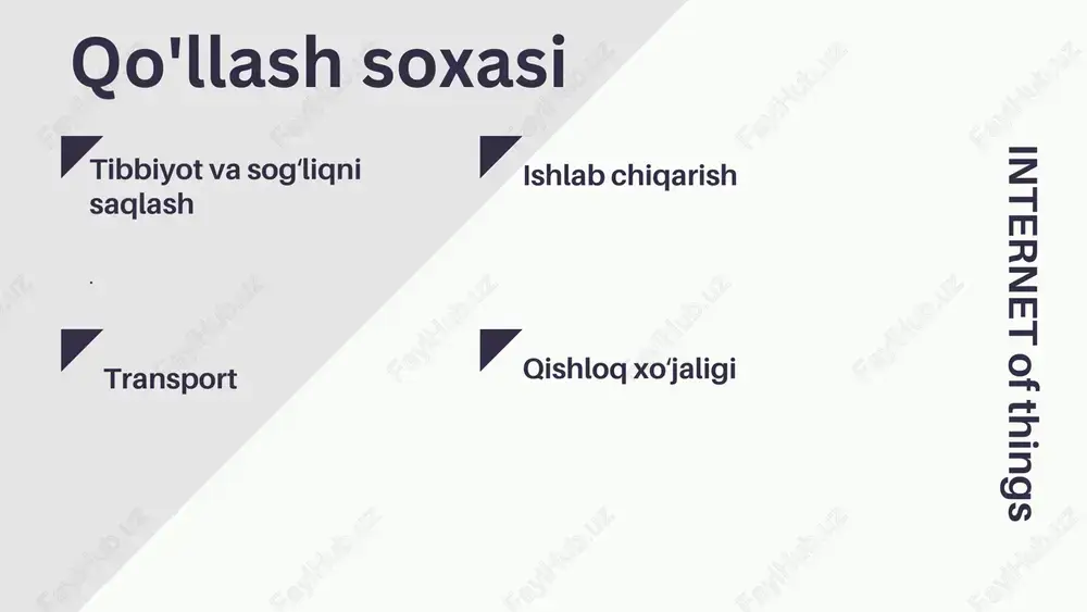 motlardan dehqonchilik amaliyotini avtomatlashtirish, sifat va miqdorni yaxshilash boʻyicha asosli qarorlar qabul qilish, xavf va isrofgarchilikni minimallashtirish hamda ekinlarni boshqarish uchun zarur boʻlgan harakatlarni kamaytirish uchun foydalanish mumkin. misol uchun, endi fermerlar tuproq harorati va namligini uzoqdan kuzatishi va hatto iot maʼlumotlarini aniq oʻgʻitlash dasturlariga qoʻllashi mumkin[29]. umumiy maqsad shundan iboratki, sensor ma’lumotlari fermerning oʻz xoʻjaligi haqidagi bilimi va sezgi bilan birgalikda fermer xoʻjaligi unumdorligini oshirish hamda xarajatlarni kamaytirishga yordam beradi. internet of things iot iot kamchiliglari jismoniy to'siqlarning yo'qligi xavfsiz ma'lumotlarni saqlash va uzatish ishonchsiz yoki eskirgan komponentlardan foydalanish xavfsiz tarmoq xizmatlarini o'rnatish zaif yoki qattiq kodlangan parollar maxfiylik himoyasi yetarli emas xalqaro muvofiqlik standarti mavjud emasligi big data b b for blur c c for confetti d d for a drumroll m m for mic drop o o for bubbles q q for quiet u u for unveil # any number from 0-9 for a timer resource page …