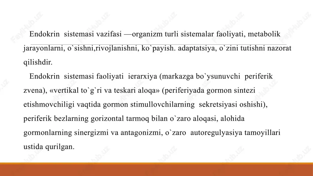 imalarida modda almashinuvini pasayishiga olib keladigan lipolitik ta`sir ko`rsatadi. uglevod almashinuvida ikki bosqichli ta`sir ko`rsatadi (birinchisi insulinga o`xshash ta`sir, keyingisi kontr-insulyar; stg yuqori dozalarining uzoq muddatli ta`sir etishi doimiy insulinorezistentlikka olib keladi). o`sish gormonining ta`siri insulinga o`xshash o`sish omillari orqali sodir bo`ladi. aktg buyrak usti bezi po`stloq hujayralari proliferatsiyasini rag`batlantiradi, buyrak usti bezi po`stloq gormonlari sekretsiyasi va sintezini stimullaydi (asosan glyukokortikoidlar). terida pigmentatsiyani oshishiga sabab bo`luvchi melanotsitlarda melanin sintezini stimullaydi. ttg qalqonsimon bez hujayralari differensirovkasini va yodda saqlovchi gormonlar sintezini, ularning tireoglobulindan ajralishini va sekretsiyasini rag`batlantiradi. lyutropin (lyuteinizirlovchi gormon); tuxum hujayra etilishini tugallashga, ovulyasiya va sariq tana hosil bo`lishini rag`batlantiradi; progesteron sekretsiyasini stimullaydi; erkaklarda theca; hujayralarida androgenlar sintezini stimullaydi lyaydig urug` hujayralarida anrogenlar produksiyasini rag`batlantiradi follitropin (folli­kulo -stimullovchi gormon) ovarial folli­kullalar o`sishi va etilishini rag`batlantiradi, estrogenlar sekretsiyasini rag`batlantiradi; erkaklarda — moyak urug` hosil qiluvchi kanalchalari proliferatsiyasi va o`sishini va spermatogenezni stimullaydi, sertoli hujayralarida androgenbog`lovchi oqsil ingibin va b.q sintez va …