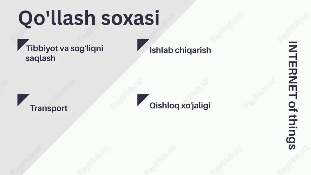 motlardan dehqonchilik amaliyotini avtomatlashtirish, sifat va miqdorni yaxshilash boʻyicha asosli qarorlar qabul qilish, xavf va isrofgarchilikni minimallashtirish hamda ekinlarni boshqarish uchun zarur boʻlgan harakatlarni kamaytirish uchun foydalanish mumkin. misol uchun, endi fermerlar tuproq harorati va namligini uzoqdan kuzatishi va hatto iot maʼlumotlarini aniq oʻgʻitlash dasturlariga qoʻllashi mumkin[29]. umumiy maqsad shundan iboratki, sensor ma’lumotlari fermerning oʻz xoʻjaligi haqidagi bilimi va sezgi bilan birgalikda fermer xoʻjaligi unumdorligini oshirish hamda xarajatlarni kamaytirishga yordam beradi. iot kamchiliglari jismoniy to'siqlarning yo'qligi xavfsiz ma'lumotlarni saqlash va uzatish ishonchsiz yoki eskirgan komponentlardan foydalanish xavfsiz tarmoq xizmatlarini o'rnatish zaif yoki qattiq kodlangan parollar maxfiylik himoyasi yetarli emas xalqaro muvofiqlik standarti mavjud emasligi big data internet of things iot b b for blur c c for confetti d d for a drumroll m m for mic drop o o for bubbles q q for quiet u u for unveil # any number from 0-9 for a timer resource page …