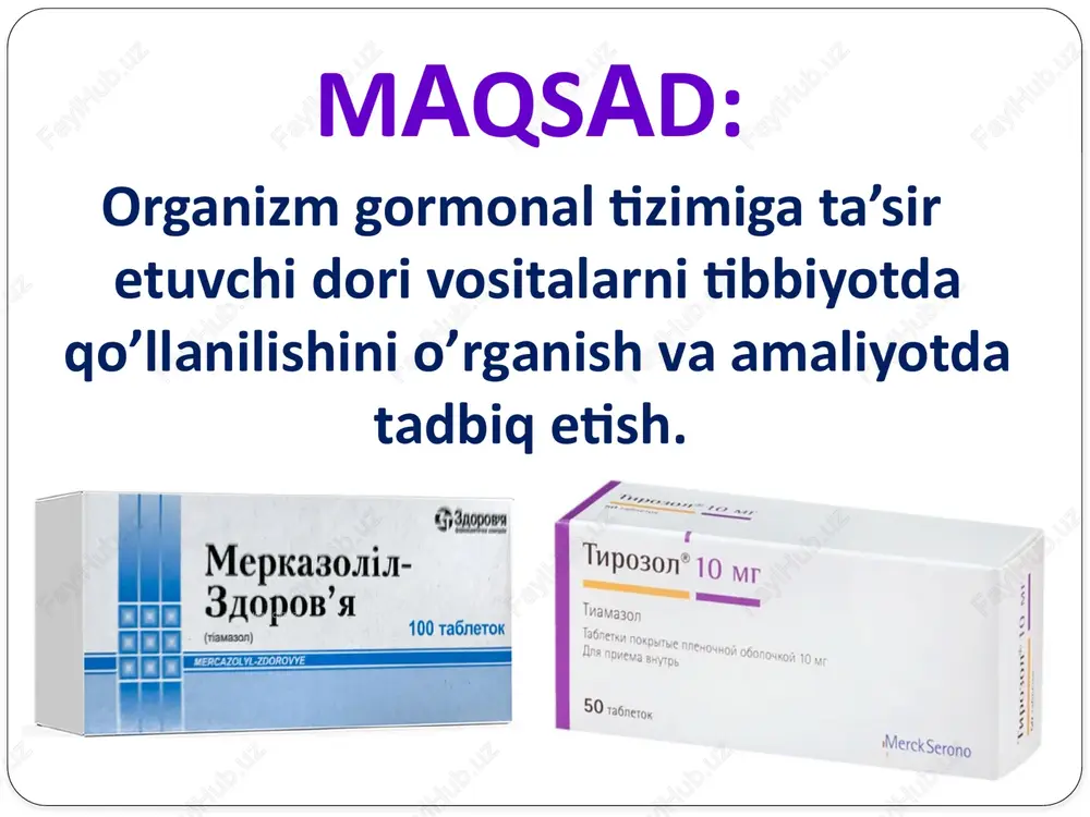 ytiriladi) ta ’sir ko'rsatadi. insulin insulin bilan davolangan bemor albatta o'z vaqtida ovqatlanishi lozim, aks holda, qand miqdori tushishi tufayli gipoglikemik holat, agar insulinning miqdori oshib ketsa — gipoglikemik koma ro'y beradi, bunda bemor hushidan ketib, qon bosimi tushib ketadi, bunday holatda venaga glyukoza, adrenalin yuborib, qonda qand miqdorini oshirish kerak. insulin qarshi ko’rsatma: o'tkir gepatitda, jigar sirrozi, gemolitik sariqlik, pankreatit, nefrit, buyraklar amiloidozi, oshqozon, 12 barmoqli ichak yarasida, dekompensirlangan yurak poroklarida; butamin qandli diabetni davolash uchun og'iz orqali buyuriladigan moddalar sintez yo'li bilan olinadi, ularga sulfonamid unumlari va biguanidlar kiradi. sulfonamid birikmalari — butamid, xlorpropamidning gipoglikemik ta’sir mexanizmi, oshqozon osti bezining betta-hujayralariga ta ’sir etib, glyukagon ajralishini kamaytiradi. xlorpropamid shu tufayli neoglyukogenez jarayonlari chegaralanadi, insulin retseptorlarining miqdori, faolligi, endogen va ekzogen insulinni ta’siri oshadi. langergans orolchalarining betta-hujayralari atrofiyaga uchragan bo'lsa, moddalar gipoglikemik ta’sir qilmaydi. xlorpropamid pfizer firmasi tomonidan glibenez nom bilan chiqariladi. qalqonsimon bezning gormonal moddalari qalqonsimon bez gormonlari …