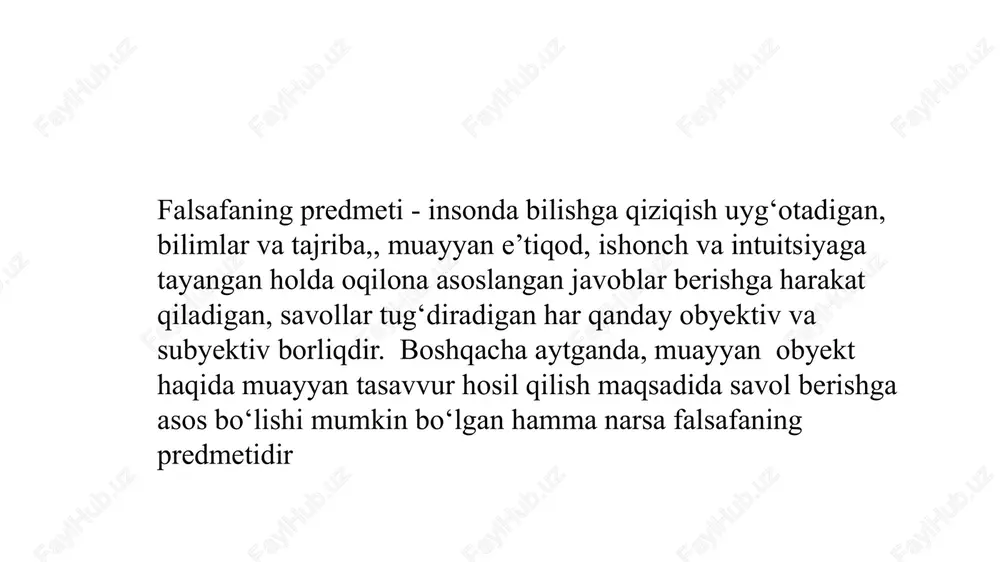 abchadan tarjimada e’tiqod, ishonch, ishonmoq degan ma’nolarni anglatadi.) mif kabi, din zamirida ham e’tiqod, tuyg‘ular va emotsiyalar yotadi. falsafiy dunyoqarash. miloddan avvalgi vii-vi asrlarga kelib asosan mif va din ta’sirida odamlar dunyoqarashi nafaqat kengaydi, balki ancha murakkablashdi. u mavxum nazariy fikrlash qobiliyati va (to‘plangan bilimlar ko‘rinishida) real asoslarga ega bo‘lishi natijasida o‘z rivojlanishining butunlay yangi darajasiga ko‘tarildi. bunga, hech shubhasiz, mehnat taqsimotiga olib kelgan rivojlangan ijtimoiy-iqtisodiy munosabatlar, ma’lum miqdorda ortiqcha mavjudlik vositalari, bo‘sh vaqtning paydo bo‘lishi ham imkoniyat yaratdi. bularning barchasi muayyan shaxslar doirasiga intellektual faoliyat bilan professional darajada shug‘ullanish imkonini berdi. /docprops/thumbnail.jpeg