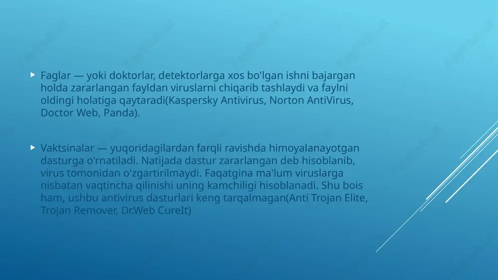 zararlangan fayllarni jiddiy zarar etkazmasdan oldin topish va zararsizlantirishga qodir. siz qo’lda skanerlashni amalga oshirishingiz mumkin, ko’plab antiviruslar muntazam ravishda ishlaydigan avtomatik skanerlashni ham taklif qiladi, masalan, haftada bir marta. skaner yordamida siz kompyuteringizga ulangan tashqi qurilmalarni ham tekshirishingiz mumkin. flash drayvlar, xotira kartalari yoki portativ qattiq disklar ham xavf manbai bo’lishi mumkin. xavfsizlik devori – bu chiquvchi va kiruvchi tarmoq trafigini filtrlaydigan va mumkin bo’lgan tahdidlarni zararsizlantiradigan xizmatdir. xavfsizlik devori alohida dastur yoki antivirusning ajralmas qismi bo’lishi mumkin. xavfsizlik devori qurilmangiz tomonidan yaratilgan barcha tarmoq trafigini nazorat qiladi. bu sizga ishonchli deb hisoblagan dasturlarni erkin yuborish va qabul qilish imkonini beradi va potentsial xavfli ilovalar (masalan, troyanlar yoki josuslik dasturlari) tufayli kelib chiqadigan trafikni bloklaydi. foydalanuvchi qaysi dasturlarga ishonish mumkinligini qo’lda ham belgilashi mumkin. faervol – tarmoq trafigini to’liq nazorat qilish /docprops/thumbnail.jpeg