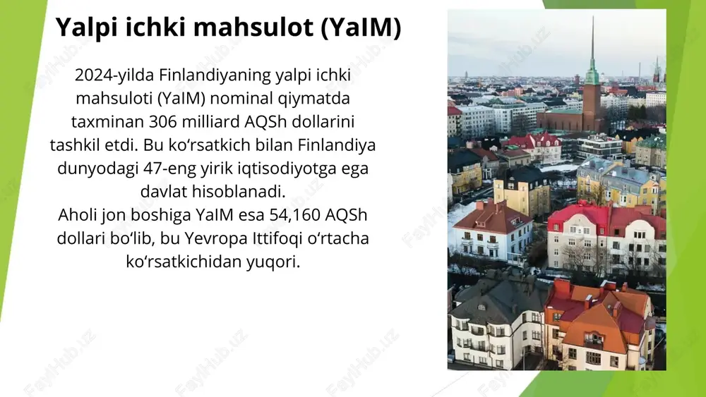 a ta’limga katta e’tibor qaratilgan davlat. tabiiy resurslarga boy bo‘lishi bilan birga, texnologik va ekologik barqarorlikni saqlashda ilg‘or. o‘zbekiston bilan aloqalari hali rivojlanayotgan bosqichda bo‘lib, o‘zaro hamkorlik salohiyati katta. adabiyotlar world bank – www.worldbank.org imf – www.imf.org statista – www.statista.com cia world factbook – www.cia.gov finlandiya tashqi ishlar vazirligi – um.fi wikipedia: "finland" maqolasi image1.png image2.png image3.png image4.png image5.png image6.png image7.png image8.png image9.png image10.png /docprops/thumbnail.jpeg