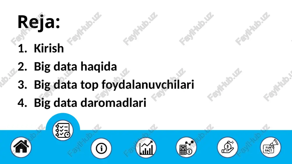 xohlashadi. google qidiruv tarixi, joylashuvlar, tendentsiyalar va boshqa ko'plab parametrlar asosida biz undan nimani xohlayotganimizni tushunish uchun katta ma'lumotlardan foydalanadi. shundan so'ng, u murakkab hisob-kitoblar amalga oshiriladigan algoritmdan o'tadi va keyin google tartiblangan yoki joylashtirilgan indekslangan ro'yxatlarni foydalanuvchilarning zaruriy shartini muvofiqlashtirish uchun mo'ljallangan ahamiyati va vakolatiga qarab osongina ko'rsatadi. google foydalanuvchi talabiga mos ravishda tuzilgan tegishlilik va vakolatlar bo'yicha tartiblangan qidiruv natijalarini osongina ko'rsatadi. mcdonald's - bu dunyodagi mashhur tez ovqatlanish bo'limi bo'lib, u ko'p jihatdan zamonaviy texnologiyalarni, jumladan, katta ma'lumotlarni o'zlashtiradi. mcdonald's ko'proq ma'lumotga asoslangan kompaniyaga aylandi, u tabiiy ravishda ma'lumotlarga asoslangan qarorlar bilan boshqariladi. har kim o'zining mobil ilovasidan foydalanganda yoki biror narsaga buyurtma berganida, u o'z ma'lumotlarini keyingi tavsiyalar, takliflar va reklama aktsiyalari uchun saqlaydi. shuningdek, u doʻkon ichidagi trafikni, mijozlarning oʻzaro aloqalarini, buyurtma berish naqshlarini, savdo nuqtalari maʼlumotlarini, video maʼlumotlarini va sensor maʼlumotlarini toʻplaydi. 2011 yildan 2027 yilgacha butun dunyo bo'ylab katta ma'lumotlar bozorining daromadlari prognozi …