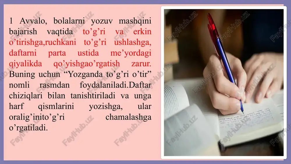 ar yordamida analitik va sintetik mashqlar tizimini joriyetgan. uning tizimida tahlil va sintez ajralmas va bir-birini qo’llab-quvvatlaydi.uning metodikasining ustunligi shundaki, u jonli nutqqatayanardi. savodxonlik o’quvchilarning nutqini rivojlantirish bilan bog’liq. birinchi darslardan boshlab bolalar xalq maqollari, topishmoqlar bilan ishlaydilar; o’qilishimumkin bo’lgan matnlar bolalar uchun mavjud. ovozli tahlil qilish uchun o’quvchilarning nutqidan olingan jumlalar va so’zlar ishlatiladi. 1. “harf–so‘z–gap” metodikasi mazmuni: bu metodika o‘quvchilarda savod o‘rganish jarayonini bosqichma-bosqich tashkil etishga qaratilgan. harflarni alifbe tartibida o‘rganish orqali bola harfning shakli, tovushi, so‘zdagi o‘rni va gapdagi ahamiyatini ongli ravishda anglaydi. bosqichlari: harfni tanishtirish: harfning shakli, talaffuzi va yozilishi tushuntiriladi. so‘z topish: shu harf bilan boshlanadigan so‘zlar aytiladi, rasm yoki predmet bilan bog‘lanadi. gap tuzish: topilgan so‘zlardan oddiy gaplar tuziladi (“ayiq o‘rmonni kezmoqda.”). yozma mashq: harfni yozish, so‘zni yozish, gapni yozish bosqichlari bajariladi. afzalligi: harfni o‘qish, talaffuz qilish va yozishni uyg‘unlashtiradi. so‘z boyligini kengaytiradi, nutqni rivojlantiradi. o‘quvchilarning tafakkurini bosqichma-bosqich shakllantiradi. 2. “alifbe safari” o‘yin-metodika mazmuni: …