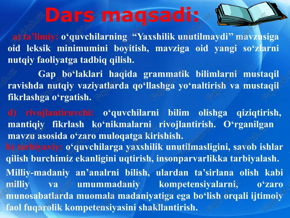 .son bilan: uchovimiz birga kitob o‘qidik 5. harakat nomi bilan: o‘qish boshlandi. 6. ravish bilan: ko‘plar qatnashdi. 7. modal so‘zlar bilan: bor – boricha, yo‘q–holicha. 8. sifatdosh bilan: uqqan o‘zar, uqmagan to‘zar. 9. ibora bilan: uning yuziga oyoq qo‘yish axloqqa zid. ega quyidagi so‘zlar bilan ifodalanadi: mavzuni mustahkamlash. 1-mashq. gaplarni ko‘chiring. bosh bo‘laklarni aniqlang va eganing ifodalanishini tushuntiring. namuna: 1. otini ayagan (kim? – sifatdosh) yo‘lda qolmaydi, elini siylagan (kim? – sifatdosh) cho‘lda qolmaydi. 1. otini ayagan yo‘lda qolmaydi, elini siylagan cho‘lda qolmaydi. 2.inson nonni hamma taomlardan ustun qo‘ygan. 3.uchovi ko‘chaga chiqib ketishdi. 4.xalqimiz mehnatsevar kishilarni hurmat qiladi. 5.kamtar kishi hech qachon qo‘pollik qilmaydi. 6.ko‘rganni eshitgan yengibdi. 7.yaxshilik ekkan esonlik ko‘radi, yomonlik ekkan – jabr-u zahmat. mavzuni mustahkamlash. 2-mashq. quyidagi so‘zlardan kim?, nima?, qayer? so‘roqlariga javob bo‘ladiganlarini alohida ustunga ajratib yozing. namuna: kim? nima? qayer? amaki ariq andijon andijon, amaki, ariq, bino, bola, buva, non, daryo, bo‘stonliq, donishmand, inson, tog‘, …