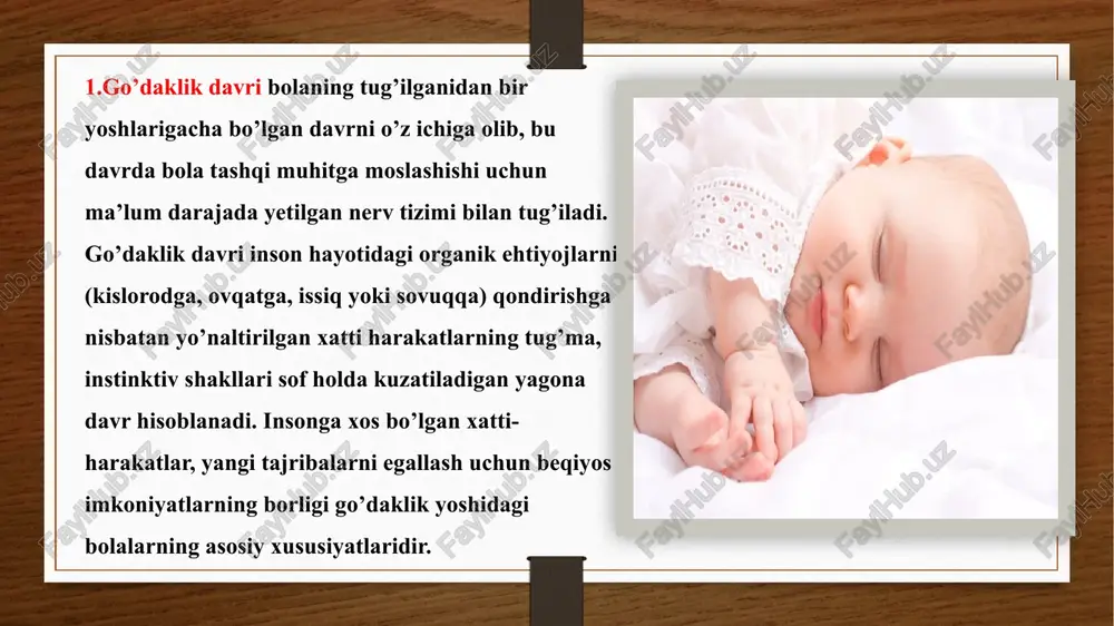 lish jarayonlarini boshqarish vositasi bo‘lib ham xizmat qiladi uch yoshli bolalarda hukmning oddiy turlarini ko‘rish mumkin. bu hukm turlari doimo faqat o‘zi bevosita idrok qilayotgan va yakka predmetlarga taalluqli bo‘ladi. bola 2,5 yoshga yetganda savollar bera boshlaydi. 3 yoshli bola o‘zini, o‘z xohish va ehtiyojlarini qondirishi mumkin bo‘lgan manba deb biladi va bu uning «menga bering», «ko‘taring», «men ham boraman» kabi talablarida ko‘rinadi. uch yoshli bolalar o‘zlarini o‘zgalar bilan taqqoslay boshlaydilar, buning natijasida bolalarda o‘z- o‘zini baholash vujudga keladi. shu davrdan boshlab bolalarda mustaqil bo‘lish ehtiyoji yuzaga keladi va bu ularning «o‘zim qilaman» qabilidagi so‘zlarida namoyon bo‘ladi ilk bolalik davridagi bolalarning analizatorlari yahshi takomillashgani va ular erkin harakat qila olish imkoniyatiga ega bo‘lganliklari tufayli bu davrda psixik jihatdan tez rivojlanadi. malumki, ilk bolalik davridagi bolalar faqat yurib va emaklabgina qolmay, yugurish, sakrash hamda baland va past to‘siqlardan oshib o‘tish imkoniyatiga ham ega boiadilar. bog‘chagacha taibiya yoshidagi bolalaming ertadan kechgacha turli …