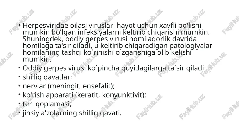 kastlangan qismiga tegish orqali yuqtirish mumkin. xavf omillari: gigiyenaga rioya qilmaslik; notanish odamlar bilan jinsiy aloqaga kirishish; tananing haddan ortiq sovqotishi yoki qizishi; oddiy gerpes virusi kasallangan odam bilan o'pishish;; jamoat joylarida hojatxonadan foydalanish; rivojlanmagan davlatlarda yashash; past ijtimoiy/iqtisodiy daraja. o'rtacha namlik darajasi va o'rtacha haroratda oddiy gerpes virusi inson tanasidan tashqarida 24 soat davomida yashashi mumkin. +52 °c va undan yuqori haroratda 30 daqiqadan so`ng nobud bo`ladi -70 °c gacha bo`lgan haroratda esa 5 kungacha yashaydi. metall ustida taxminan 2 soat yashaydi. gerpesning belgilari oddiy gerpes virusining namoyon bo'lishi - bu tananing turli qismlarida paydo bo'lishi mumkin bo'lgan suyuqlikli pufakchalardir. odatda, ularning paydo bo'lishidan oldin bemorda quyidagi belgilar kuzatiladi: holsizlik; terining achishishi va qichishi; titroq. rivojlanish bosqichlari: birinchi bosqich - pufakchalar keyinroq paydo bo'ladigan joyda teri biroz qichishadi. agar terining bu joyini "aciklovir" malhami bilan yog'lansa, pufakchalar paydo bo'lishini oldini olish mumkin. yallig'lanish bosqichi - suyuqlikli pufakchalar hosil bo'lib, …