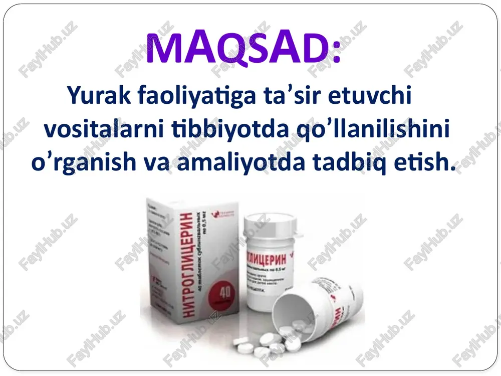 alar verapamil, nifedipin, norvask. moddalar kalsiy o'tadigan sust kanallarini bog'lab, kalsiy ionlarining silliq mushak hujayralariga o'tishiga to'sqinlik qiladi. kalsiy ionlari qon tomirlarning silliq mushaklari tonusini tutib turadigan asosiy ionlar dan biri hisoblanadi. kalsiy hujayralar ichiga o'tolmagani tufayli silliq mushaklar tarangligi susayadi, ular bo'shashadi, qon tomirlar kengayadi, qon bosimi pasayadi. moddalar kalsiy ionlarining yurak mushaklariga o'tishiga ham to'sqinlik qiladi. ca-atf-azaning faolligi kamayadi, yurak mushaklari quvvatga boy fosfat birikmalarini o'zlashtirolmay qoladi, yurak ishi susayadi, qon bosimi pasayadi. moddalar yuqorida keltirilgan antianginal, aritmiyaga qarshi xususiyatlarga ham ega. iv. kaliy kanallarini faollovchi moddalar nikorandil, minoksidil. bular kaliy kanallarini ochib, hujayra membranasini giperpolyarizatsiyaga keltiradi, hujayralarni ichida siklik amf miqdorini oshiradi, shu tufayli qon tomirlarni kengaytiradi, gipotenziv, antianginal ta’sir ko'rsatadi; ta’siri bo'yicha kalsiy antagonistlariga o'xshab ketadi. minoksidil chetda joylashgan tomirlarni, ayniqsa, arteriolalarni kengaytiradi, qon bosimini, yurakka bo'ladigan yukni kamaytiradi. asosan gipertoniya kasalligining og'ir turlarida, boshqa moddalar yordam bermaganda qo'llaniladi, betta-adrenoblokatorlar va diuretik moddalar bilan birga qo'llanishi …