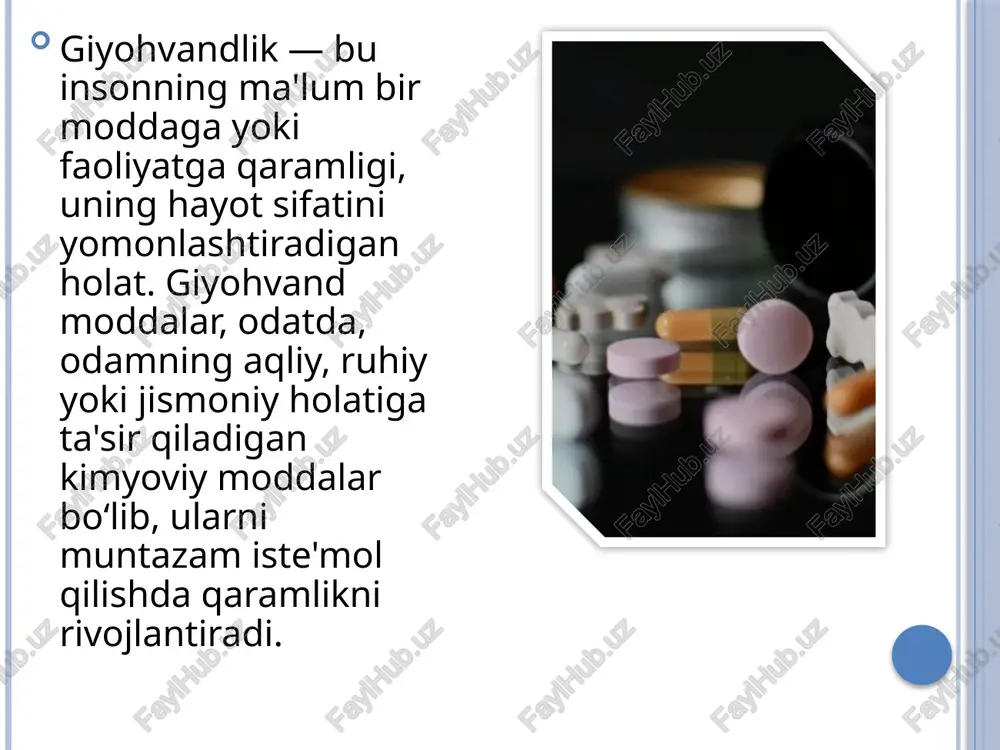 lar bo‘lib, ular miyaga tezda ta’sir qilib, qisqa muddatli "kayf" holatini keltirib chiqaradi. inhalantlar odatda maishiy yoki sanoat mahsulotlari tarkibida bo‘ladi va aslida giyohvandlik uchun emas, boshqa maqsadlarda ishlab chiqariladi. ta’siri qanday bo‘ladi? qisqa muddatli eforiya (kayf holati). bosh aylanishi, hushning susayishi. nutq buzilishi, muvozanatni yo‘qotish. ko‘rish va eshitish gallyutsinatsiyalari. nafas yetishmovchiligi va hushdan ketish. xavfi; yurak nafas to`xtashi, miyya xujayralarining nobud bo`lishiga olib keladi etiboringiz uchun raxmat image2.jpeg image3.jpeg image4.jpeg image5.jpeg image6.jpeg image7.jpeg image8.jpeg /docprops/thumbnail.jpeg