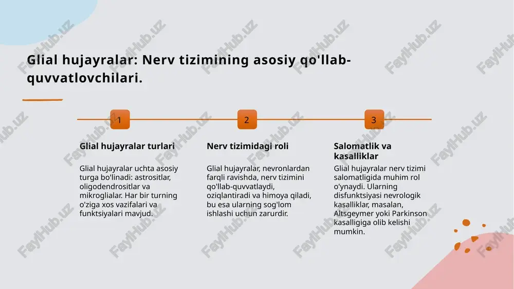 strositlar, mikroglialar va oligodendrositlar, har biri neyronlar bilan o'ziga xos aloqalarga ega. 2 o'zaro ta'sir mexanizmlari - glial hujayralar neyronlarning hayotiy faoliyatini qo'llab-quvvatlaydi, ularning ozuqa moddalarini taqdim etadi va axborot uzatishda yordam beradi. 3 neyroinflammatsiya va glial hujayralar - glial hujayralar neyroinflammatsiya jarayonida muhim rol o'ynaydi, bu jarayon nerv tizimidagi zararli ta'sirlarga javob berish uchun zarurdir. 4 glial hujayralarning nevrologik kasalliklar - glial hujayralar nevrologik kasalliklar, masalan, alzheimer va parkinson kasalliklarida, neyronlarning o'zaro ta'sirini va salomatligini saqlashda muhimdir. glial hujayralarning tuzilishi va funksiyalari. 1 glial hujayralar turlari glial hujayralar uchta asosiy turga bo'linadi: astrositlar, oligodendrositlar va mikroglialar. har biri o'zining alohida funksiyalariga ega. 2 astrositlar astrositlar neyronlar va qon-tomirlar o'rtasida aloqani ta'minlaydi, oziq moddalar bilan ta'minlaydi va neyrotransmitterlarni qayta ishlaydi. 3 oligodendrositlar oligodendrositlar nerv tolalarini myelin bilan qoplab, tezkor signal o'tkazishni ta'minlaydi. bu, nerv tizimining samarali ishlashi uchun juda muhimdir. 4 mikroglialar mikroglialar immunitet hujayralari sifatida xizmat qiladi, zararlangan yoki …