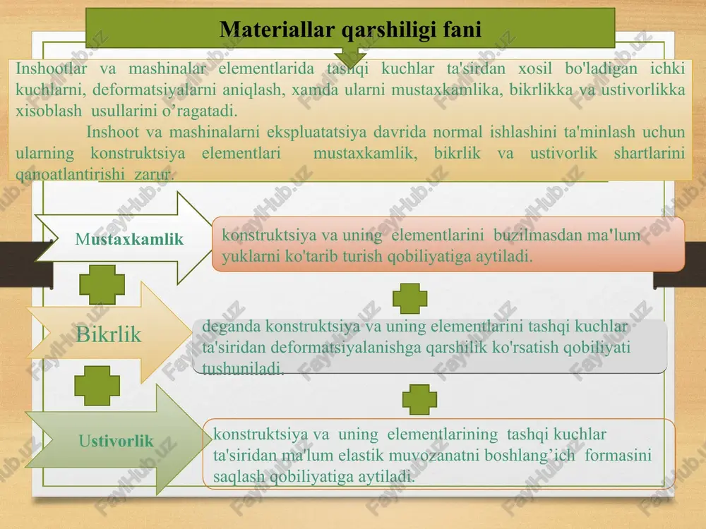 i. konstruktsiya qismlarining bog’lanishlari. sterjenlardan yaxlit inshoot yasash uchun turli biriktirish vositalari – bolt, parchin mix, payvand va qirqib kirgizishlardan foydalaniladi. hisob sxemasida biriktirish shartli ravishda mavjud bo'lgan qistirib maxkamlangan, qo'zg’aluvchi yoki qo'zg’almas sharnir, oraliq sharnir, yoki silliq sirt bog’lanishlariga keltiriladi konstruktsiyaning xillari. inshootni tashkil etuvchi sterjenlar o'q shakliga, tutashtirish usuliga, tayanch turlariga qarab bir qancha turlarga bo'linadi, ular ichida eng ko'p tarqalganlari: balka, konsol, ferma, arka, siniq konsol va ramalardir a–balka, b–konsol, d–ferma, e–arka, f–siniq konsol, g -rama. ushbu usul orqali talabalarni tekshirish: mustaxkamlikka, bikrlikka va ustivorlikka xisoblashlarni bajarishdan qanday maqsad ko'zda tutiladi ? materiallar qarshiligi fanini o'qitishdan maqsad nima ? materiallar qarshiligi fanining vazifasi nimadan iborat? brus, plastinka, qobiqlar va massivlar deb qanday jismlarga aytiladi? konstruktsiyasiga kura inshootni tashkil etuvchi qanday sterjenlar bilasiz? to’p usuli foydalanilgan adabiyotlar 1. m.mirsaidov, p.j.matkarimov, a.m.gdvannikov materiallar qarshiligi: [oliy o’quv yurtlari uchun darslik]. – t., “fan va texnologiya”, 2010, - 412 bet. 2.materiallar …