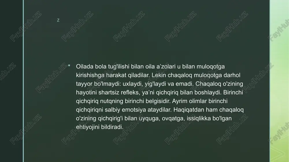 adilar. maktabgacha yoshdagi bolalar o'yinda taqlid qilish orqali kattalaming hatti-harakatlari, o'zaro munosabatlarini ifodalaydilar. bu ularda muloqot rivojlanishiga yordam beradi. kichik maktab yoshidagi o'quvchilarda o'yin faoliyati o'ziga xos xususiyatga ega. ular ko'proq harakatli, sport xarakteridagi o'yinlami o'ynaydilar. o'smirlarda, ayniqsa, 5—6-sinf o'quvchilarida o'yinga bo'lgan ehtiyoj saqlanib qoladi. tanaffus paytlarida, darsdan bo'sh vaqtlarida o'smirlar o'yin faoliyati bilan ham shug'ullanadilar. ularda o'yin orqali muloqot shakllari rivojlanadi. umuman o'yin faoliyati bolalar hayotida muhim o'rin egallaydi. ilk bolalik davrida bolalar kattalarga qaram bo'ladilar, chunki ularning mustaqil harakat qilishlari qiyin. hatti-harakat xulq me’yorlarini bolalar kattalardan o'rganadilar. bu davrda bola xulqining motivi anglanilmagan bo'ladi. bolaning ichki dunyosi shakllanishi kattalarga bog'liq. chunki bola kattalar kutgan muloqotni darhol bera olmaydi. bola predmetlarga bo'lgan qiziqishini awalo kattalarga murojaati orqali bildiradi. kerakli yordamni nutqni qo'llash orqali oladi. kattalar agar bola bilan kam muloqotda bo'lsalar, uning nutqi rivojlanishdan orqada qolishi mumkin. muloqotga bo'lgan ehtiyoj bolada kattalaming muloqoti orqali o'sadi. ilk bolalik davrida nutqning …