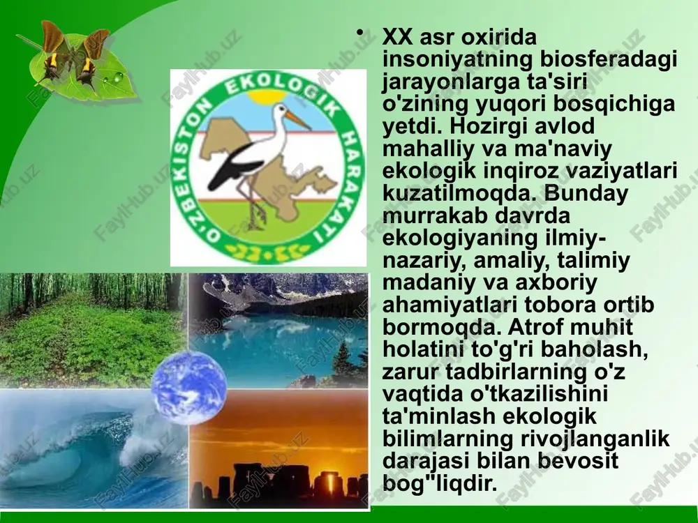 rish orqali huquqiy fuqarolik jamiyati tamoyillari asosida tabiatdan foydalanishni yo’lga qo’yish, tabiatni muhofaza qilish sohasida davlat nazorati bilan bir qatorda jamoatchilik nazoratini kuchaytirish, xalqimiz ongi va madaniyatida ona vatanimiz tabiatiga bo’lgan mehr-muhabbatini oshirish, uni asrab-avaylash va kelgusi avlod uchun zarur hayotiy sharoitlar qoldirishimiz kerakligini ko’rsatishdir. inson tabiatning bir bo’lagi bo’lgan holda u bilan bo’lgan munosabat orqali ekologik madaniyat shakllana borishi tufayli tabiatni muhofaza qilish va ulardan oqilona foydalanishni tartibga solishda uni boshqarish uchun tabiat qonunlarini kashf qilib kelgan. ammo inson o’zining tabiatga ta’siri orqali undagi muvozanatni buzdi va tabiat hodisalarining davriy muvozanatini izdan chiqardi. e’tiboringiz uchun rahmat image4.png image5.png image1.png image2.png image6.gif image7.gif image8.png image9.png image10.jpeg image11.jpeg image12.jpeg image13.png image14.jpeg image15.gif image16.jpeg image17.png image18.jpeg image19.jpeg image20.jpeg image21.jpeg image22.jpeg image3.png /docprops/thumbnail.jpeg