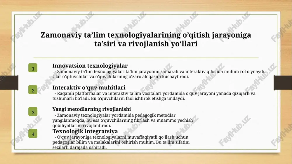 quv materiali ma’lum mavzular (modullar) bo‘yicha tizimlashtiriladi va har bir modul yakunida natija baholanadi. o‘quvchi o‘z tempida ishlaydi, bilimlarni mustaqil o‘zlashtiradi. o‘qituvchi rahbarlik qiladi, yo‘naltiradi va oraliq natijalarni nazorat qiladi. modulli ta’lim individual ta’lim trayektoriyasini shakllantirish imkonini beradi. yangi metodlarni joriy qilishda pedagogik malakalarni rivojlantirish: amaliy tajribalar va muammolar yangi metodlarni joriy qilishda pedagogik malakalarni rivojlantirish pedagogik malakalarni rivojlantirish yangi metodlarni muvaffaqiyatli joriy qilish uchun muhimdir. amaliy treninglar va seminarlar orqali o'qituvchilar innovatsion yondashuvlarni o'zlashtiradilar. amaliy tajribalar va muammolar o'qituvchilar yangi metodlarni tatbiq etishda turli muammolarga duch keladilar, masalan, texnologik qobiliyatlar va metodologik bilimlarning yetishmasligi. tajribali amaliyotlar yordamida muammolarni hal etish mumkin. malaka oshirish dasturlari zamonaviy o’quv markazlari va onlayn kurslar orqali pedagogik malakalar oshiriladi. bu jarayon o'qituvchilarning o'zini rivojlantirishiga va ta’lim sifatining oshishiga xizmat qiladi. pedagogik kompetentsiyani oshirish uchun texnologik yechimlar va innovatsion treninglar modeli texnologik yechimlar innovatsion treninglar davomiy rivojlanish pedagogik kompetentsiyani oshirishda zamonaviy texnologiyalar, masalan, onlayn platformalar …