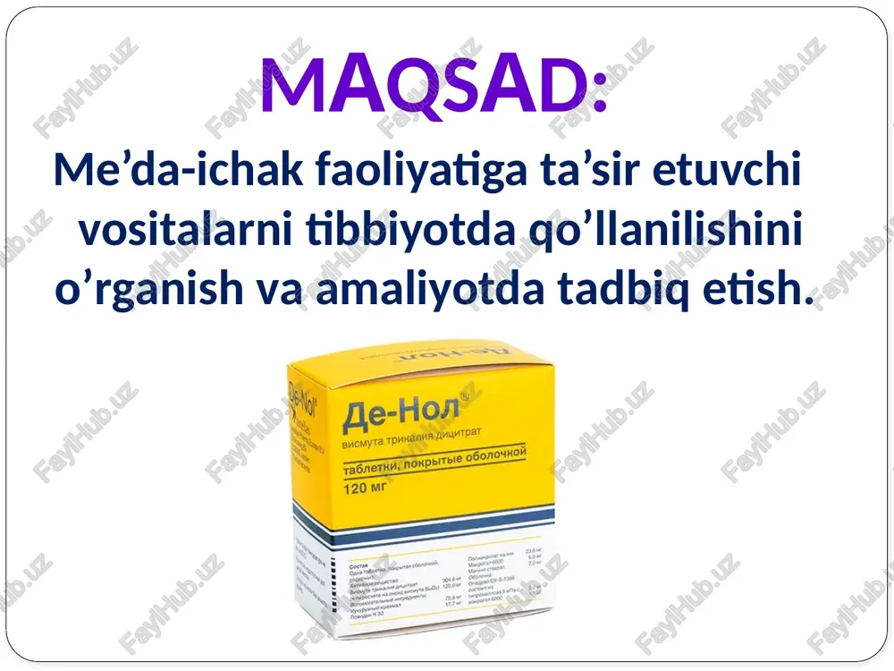 shira ajralishini oshiradi. shuning uchun oshqozon bezlarining faoliyatini sinash uchun ko'proq gastrin qo'llanadi. gipoatsid holatlarda o‘rinbosar moddalar: tabiiy hamda sun’iy oshqozon shirasi, pepsin, xlorid kislota. ular organizmda yetishmagan moddalar o‘rnini bosib, oshqozon faoliyatini oshiradi. oshqozon shirasida oshqozon bezlari ishlab chiqaradigan hamma fermentlar mavjud. pepsin fermenti peptidlarni parchalaydi, bu moddaning faolligi oshqozon muhiti 1,5-4,0 bo'lganda ko'rinadi, shuning uchun gipoatsid holatlarda uni suyultirilgan xlorid kislota bilan qo'llash lozim bo'ladi. xlorid kislota oshqozon bezlarining faoliyatini oshiradi, temir moddalarini ichakda so'rilish uchun tayyorlaydi, mikroorganizmlarga qarshi ta ’sir etadi, oshqozonda achish jarayonlarini yo'qotadi, oshqozon osti bezi faoliyatini reflektor yo'l bilan oshiradi. oshqozon bezlarining sekretsiyasini kamaytirish uchun m - xolinoblokatorlar, ganglioblokatorlar, faqat oshqozonda joylashgan m- xolinoretseptorlarni tanlab, falajlovchi hamda h2 gistamin retseptorlarni falajlovchi moddalar qo'llanadi. ular giperatsid holatlarda hamda oshqozon yarasini davolashda qo'llaniladi. m - xolinoblokatorlar — atropin sulfat, metatsin, platifillin oshqozon bezlaridagi m-xolinoretseptorlarni falajlab, vagus nervining oxirida ajralib chiqadigan mediator — atsetilxolinni bartaraf qiladi. h2- …
