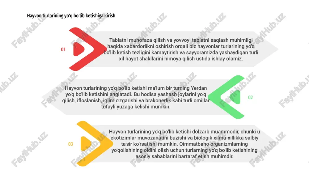 tish xavfi ostida bo'lgan turlardir. odamlar uchun yo'qolib ketish xavfi ostida turgan turlarni himoya qilish va biologik xilma-xillikni yo'qotishning oldini olish uchun faol himoya choralarini ko'rish juda muhimdir. 01 02 03 04 hayvon turlarining yo'q bo'lib ketishi biologik xilma-xillik va ekotizimlar uchun jiddiy muammolarni keltirib chiqaradi. yashash joyini yo'qotish, iqlim o'zgarishi va inson faoliyati turli turlarning kamayishiga yordam beradi. 03 hayvonlarning yo'q bo'lib ketishining oldini olish hukumatlar, tashkilotlar va shaxslarning birgalikdagi sa'y-harakatlarini talab qiladi. yashash joylarini muhofaza qilish, naslchilik dasturlari va brakonerlikka qarshi kampaniyalar kabi tabiatni muhofaza qilish choralari yo'qolib borayotgan turlarni saqlab qolishda hal qiluvchi ahamiyatga ega. 02 01 hayvonlarning nobud bo'lishining oldini olishda ta'lim va xabardorlik muhim rol o'ynaydi. jamiyatni biologik xilma-xillikning ahamiyati haqida ma'lumot berish va barqaror amaliyotlarni targ'ib qilish orqali biz hayvonlar o'zlarining tabiiy yashash joylarida gullab-yashnaydigan kelajak sari harakat qilishimiz mumkin. hayvon turlarining yo'q bo'lib ketishi sayyoramiz oldida turgan dolzarb muammodir. biroq, yovvoyi tabiatni muhofaza …