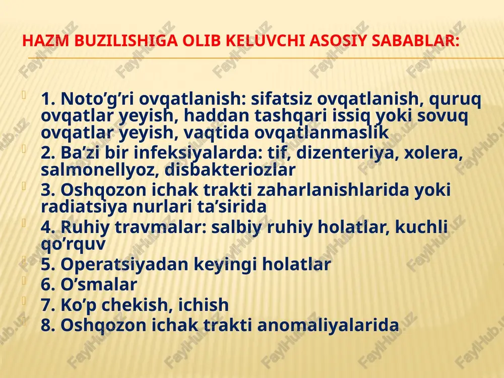 milk o'yiqlari hosil bo'lib,ulardan yiring oqishi va ko'pincha alveolar abssess rivojlanishi bilan kuzatiladi. parodontozning kelib chiqishiga hissiy zo'riqish hamda favqulodda ta’sirlar sabab bo'ladi. shu nuqtai nazardan parodontoz ko'pincha «adaptatsiya kasalliklari» qatoriga qo'shiladi etiologiomillar sifatida, shuningdek, umumiy jismoniy va chaynov yuklamasining pasayishi, milk o'yiqlari mikroflorasi va ovqatlanishning buzilishlari, ayniqsa, askorbin kislota va rutin (vitaminr) yetishmovchiligi sabab bo'lishi mumkin. so‘lak ajralishining buzilishlari. og'izda ovqatlar so'lak bilan aralashadi. so'lak yirik va mayda so'lak bezlarining spetsifik mahsuloti hisoblanadi. qattiq ovqatning so’la k bilan aralashishi uni yumshatadi va ovqat luqmasini hosil qiladi. bu luqmaning yutilishini yengillashtiradi. shuningdek so’lak himoya funksiyasiga ham ega, tishlarni va og‘iz shilliq qavatini mikroblardan va ulami hayot faoliyatida hosil b o’ladigan mahsulotlardan, ovqat qoldiqlaridan tozalaydi. odamda me’yorida bir kunda 1,5-21 so‘lak ajraladi. so‘lak ajralishining buzilishi k o‘p hosil bo‘lishi (gipersalivatsiya) kamayishi(giposalivatsiya) bilan namoyon b o’ladi. gipersalivatsiya og‘iz bo‘shlig‘i shilliq qavatining yalligianishi (stomatit va gingivit), pulpitda, periodontit, bolalarda tish chiqishida kuzatiladi. so‘iak …
