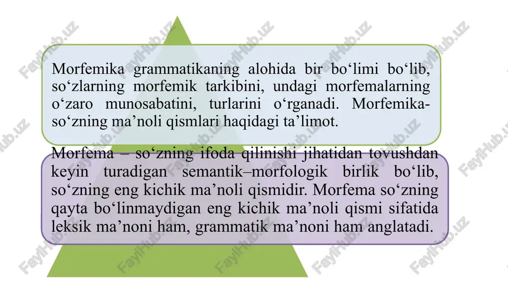 al morfemalardan (u xoh so‘z yasovchi, xoh shakl yasovchi bo‘lsin) o‘ziga xos konkret ma’nolarda kelgan, ular bir-biriga butunlay teng emas. morfemika – so‘z tarkibi so‘z tarkibi asos qo‘shimcha gullardan gul -lar, -dan mustaqil asosga qo‘shilib, unga yangi yoki qo‘shimcha ma’no yuklaydigan, shuningdek, so‘zlarni bog‘lashga xizmat qiladigan qismga qo‘shimcha deyiladi. qo‘shimcha qo‘shimchalar vazifasiga ko‘ra: 1) so‘z yasovchi qo‘shimchalar: do‘ppi + do‘z, ser + qatnov, foyda + li 2) shakl yasovchi qo‘shimchalar: a) lug‘aviy shakl yasovchilar; b) sintaktik shakl yasovchilar. lug‘aviy shakl yasovchilar i. otlarda: 1. ko‘plik: -lar; 2. kichraytirish; -cha; -choq; -chak; 3. erkalash: -gina; 4. qarashlilik (xoslik): -niki; 5. chegara shakli: - gacha; 6. hurmat shakli: -jon, -xon, -oy; 7. o‘rin-payt shakli: -dagi; lug‘aviy shakl yasovchilar ii. sifatlarda: 1. ozaytirma daraja: -ish; -mtir; imtir; -gina; 2. qiyosiy daraja: -roq. lug‘aviy shakl yasovchilar iii. sonlarda: 1. dona son: -ta; 2. jamlovchi son: - ov; -ala; -ovlon; 3. taqsim son: - tadan; …