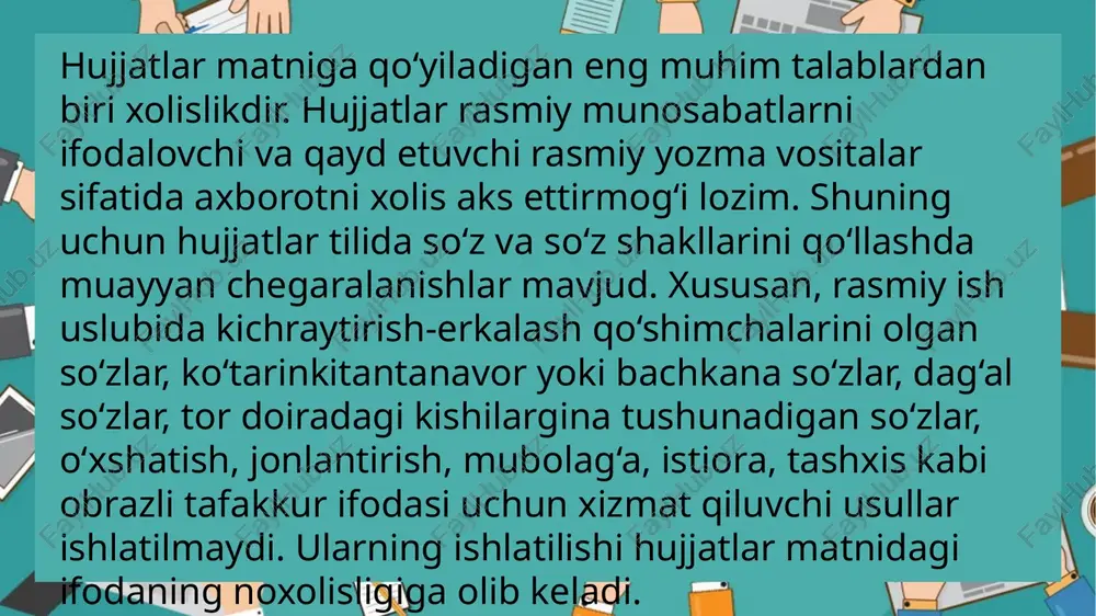 inki, har bir hujjat turining mohiyati va maqsadi bilan bog‘liq ravishda o‘ziga xos qoliplashgan sintaktik tuzilmalar shakllana boradi. masalan, buyruqda quyidagicha qoliplashgan tuzilmalar qo‘llanishi mumkin: 1)«... ...so‘m maosh bilan ...lavozimiga tayinlansin»; 2)«...o‘z xohishiga ko‘ra ...lavozimidan bo‘shatilsin»; 3)«...boshqa ishga o‘tganligi munosabati bilan ...la vozimidan bo‘shatilsin»; 4)«...ga ...dagi faol va samarali ishtiroki uchun tashakkur e’lon qilinsin»; «...ga o‘z bo‘limida intizomni bo‘shashtirib yuborganligi uchun hayfsan e’lon qilinsin» va h.k. yoki xizmat yozishmalarida mana bunday qoliplash gan so‘zlardan foydalanish mumkin: «sizga ...ni ma’lum qilamiz»; «sizga ...ni bildiramiz»; «sizga ...ni eslatamiz»; «... yordam tariqasida...» «... munosabati bilan...» «...qaroriga muvofiq ravishda...» «...ga korxona ma’muriyati qarshi emas»;«...ga korxona kafolat beradi» va h.k. hujjatdagi fikrni aniq, lo‘nda bayon qilishda xat boshi (abzats) ning ahamiyati ham katta. har bir yangi, alohida fikr xat boshi bilan ajratilishi, bir xat boshidan ikkinchi xat boshigacha bo‘lgan matn 4–5 jumladan oshmasligi maqsadga muvofiq. hujjatchilikda imlo va tinish belgilari masalasiga alohida e’tibor qilish kerak. …