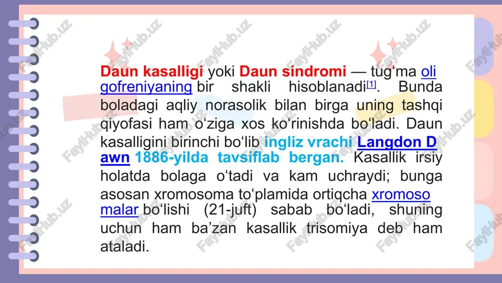 qaloqlarda duduqlanib gapirish) odatda oʻrtacha 15 oy atrofida paydo boʻladi. daun sindromi boʻlganlarning 10–45 foizida duduqlanish yoki tez va tartibsiz nutq bor, bu ularni tushunishni qiyinlashtiradi. 30 yoshdan keyin baʼzilar gapirish qobiliyatini yoʻqotishi ham mumkin. daun sindromi irsiy kasallik bo'lib, asosan 40 yoshdan keyin homilador bo'lgan va irsiy xromosoma o'zgarishlariga ega bo'lgan ayollarning chaqaloqlarida uchraydi. daun sindromli bola tug'ilish ehtimoli 35-40 yoshdagi ayollarda 10 barobar, 40 yoshdan oshganlarda esa 100 barobar yuqori. shunday qilib, 20 yoshli onalarda daun sindromi bo'lgan bolani tug'ish ehtimoli 0,1% dan kam, lekin 45 yoshli onalarda 3% gacha ko'tariladi ya'ni, otaning yoshida farq yo'q. ko'pincha irsiy kasallik avloddan-avlodga o'tadi, deb o'ylashadi. kasallik faqat onaning tanasidagi xromosomalarga bog'liq. daun sindromli bolalarda nutq rivojlanishi sekin kechadi. bu ularning fiziologik, psixologik va intellektual xususiyatlari bilan bog‘liq. shu sababli, nutqni korreksiyalashda individual yondashuv va zamonaviy logopedik metodlardan foydalanish muhimdir. 1. logopedik mashg‘ulotlarning interaktiv shakllari bugungi kunda logopedlar daun sindromli bolalar …