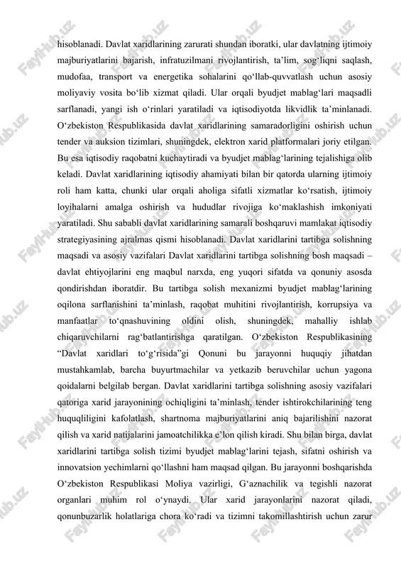 itini rivojlantirish, korrupsiya va manfaatlar to‘qnashuvining oldini olish, shuningdek, mahalliy ishlab chiqaruvchilarni rag‘batlantirishga qaratilgan. o‘zbekiston respublikasining “davlat xaridlari to‘g‘risida”gi qonuni bu jarayonni huquqiy jihatdan mustahkamlab, barcha buyurtmachilar va yetkazib beruvchilar uchun yagona qoidalarni belgilab bergan. davlat xaridlarini tartibga solishning asosiy vazifalari qatoriga xarid jarayonining ochiqligini ta’minlash, tender ishtirokchilarining teng huquqliligini kafolatlash, shartnoma majburiyatlarini aniq bajarilishini nazorat qilish va xarid natijalarini jamoatchilikka e’lon qilish kiradi. shu bilan birga, davlat xaridlarini tartibga solish tizimi byudjet mablag‘larini tejash, sifatni oshirish va innovatsion yechimlarni qo‘llashni ham maqsad qilgan. bu jarayonni boshqarishda o‘zbekiston respublikasi moliya vazirligi, g‘aznachilik va tegishli nazorat organlari muhim rol o‘ynaydi. ular xarid jarayonlarini nazorat qiladi, qonunbuzarlik holatlariga chora ko‘radi va tizimni takomillashtirish uchun zarur me’yoriy-huquqiy hujjatlarni ishlab chiqadi. shu orqali davlat xaridlarini tartibga solish iqtisodiy barqarorlikni ta’minlaydigan, raqobatbardosh iqtisodiy muhitni shakllantiradigan va korrupsiya xavfini kamaytiradigan mexanizm sifatida ishlaydi. so‘nggi yillarda o‘zbekiston respublikasida davlat xaridlari sohasida keng ko‘lamli islohotlar amalga oshirilmoqda. ushbu …