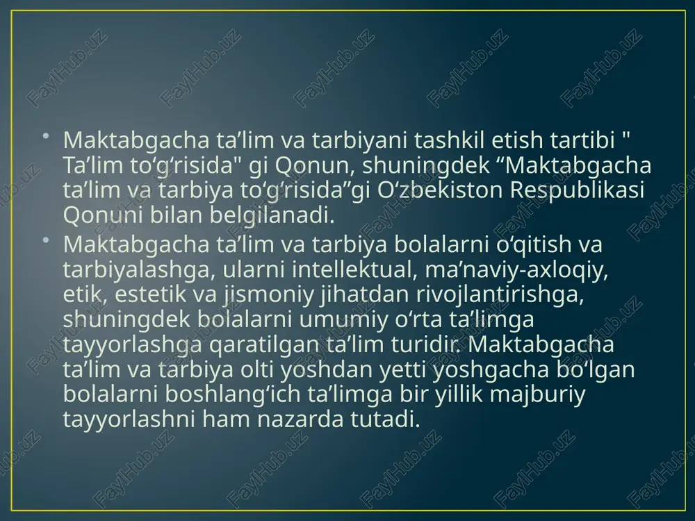 uchun davlat organlari, nodavlat notijorat tashkilotlari, shuningdek tijorat tashkilotlari madaniy-estetik, ilmiy, texnikaviy, sport yo‘nalishidagi maktabdan tashqari ta’lim tashkilotlarini tashkil etishi mumkin. maktabdan tashqari ta’lim bolalarga uzluksiz ta’lim berishning tarkibiy qismi sifatida ularning iste’dodi va qobiliyatini rivojlantirishga, ma’naviy ehtiyojlarini qanoatlantirishga qaratilgan. maktabdan tashqari ta’lim tashkilotlari jumlasiga bolalar, o‘smirlar ijodiyoti saroylari, uylari, klublari va markazlari, “barkamol avlod” bolalar maktablari, bolalar-o‘smirlar sport maktablari, bolalar musiqa va san’at maktablari, studiyalar, axborot-kutubxona hamda sog‘lomlashtirish muassasalari kiradi. menejment - bu inglizcha so’z bo’lib, ingliz tilining oksford lug’atida berilgan ta‘rifga binoan u: - boshqaruv hokimiyati va san‘ati; - resurslarni boshqarish bo’yicha a‘lohida mohirlik va ma‘muriy ko’nikmalar tushuniladi. pedagogik tizimni boshqarishning asosiy prinsiplariga quyidagilar kiradi: - boshqaruvni demaratizatsiyalashtirish va insonparvarlashtirish; - boshqarishni tizimliligi va yagonaliligi; - boshqarishda markaz va hudud uyg'unligi; - boshqaruvda yakka boshqaruv va jamoatchilik uyg'unligi; - boshqaruvni ilmiy asoslanganligi; - boshqarishda ma'lumotlarni to’liqligi va haqqoniyligi ushbu prinsip boshqaruv tizimini boshqamv fanining so'nggi yutuqlari asosida tashkil …