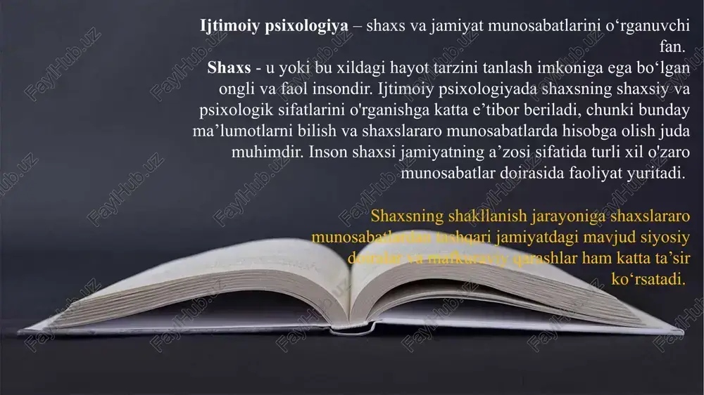 an vazifalari, muammolari bevosita jamiyatdan kelib chiqadi. ikkala muallif ham - biri psixolog, ikkinchisi sotsiolog bo’lishiga qaramay, bu fanning asosiy predmeti ijtimoiy taraqqiyot hamda psixik taraqqiyot qonuniyatlarini uyg’unlikda o’rganishdir, degan umumiy xulosaga kelishgan. darhaqiqat, ijtimoiy psixologiyaning fan sifatida tan olinishi xususida so’z borar ekan, uning rasman e’tirof etilishi 1908 yil deyiladi. chunki aynan shu yili ingliz olimi v.makdugall o’zining "ijtimoiy psixologiyaga kirish" kitobini, amerikalik sotsiolog e.ross esa "ijtimoiy psixologiya" deb nomlangan kitobini chop ettirgan edi. bu asarlarda birinchi marta alohida fan - ijtimoiy psixologiyaning mavjudligi tan olindi va uning predmetiga ta’rif berildi. v.makdugall ijtimoiy psixologiya o'rganadigan eng asosiy muammolardan biri-bu... a) ijtimoiy taraqqiyot b)muomala c) ijtimoiy guruhlanish d) e’tiqod va muloqot 2. ."ijtimoiy psixologiyaning uch nazariy ipanbasi" qachon aniqlanganini belgilang. a) xix asr o'rtalarida; b) xvii asr boshlarida c) xiv asrda; d) xx asrda 3. ijtimoiy xulq-atvor instinktlari qayerda shakllangan? a) amerikada b) fransiyada; c) angliyada; d) yunonistonda 4. "ijtimoiy …