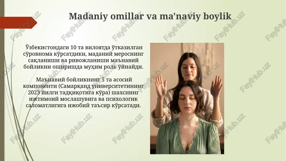 oralig'idagi toshkentlik yoshlarning tadqiqotiga ko'ra, maqsadga erishishda muhim omil hisoblanib, baxt va hayotdan mamnuniyat darajasini 30% ga oshiradi. shaxsiy ma'naviy boylik tushunchasi ma'naviy boylikning shakllanishi 20-30 yosh oralig'ida eng faol davr hisoblanadi va bu jarayon ijtimoiy-madaniy muhit, 7 ta asosiy omil va shaxsning o'ziga xos xususiyatlari ta'siriga bog'liqdir. o'zbekistonning turli mintaqalarida, masalan, xorazmda ma'naviy boylik tushunchasiga 2 ta turli yondashuv mavjud bo'lib, ularning har biri oilaviy tarbiya va an'anaviy qadriyatlar bilan chambarchas bog'liqdir. ma'naviy boylikni rivojlantirish yo'llari ma'naviy boylikni rivojlantirishda 5 dan ortiq turli adabiyotlarni, jumladan, 12-asrda buxoroda yozilgan klassik asarlarni o'qish, mulohaza yuritish va o'z-o'zini tarbiyalash samarali vosita hisoblanadi. kundalik hayotda 3 soatdan kam bo'lmagan vaqtni o'z-o'zini rivojlantirishga, meditativ amallarga va 7 ta turdagi ijtimoiy foydali faoliyatlarga bag'ishlash ma'naviy o'sishga turtki beradi. ma'naviy boylikning tarkibiy elementlari ma'naviy boylikning tarkibiy elementlaridan biri, 5 ta asosiy qiymat – halollik, mehr-oqibat, vatanparvarlik, bilim va ijodkorlikka asoslangan shaxsning axloqiy-ma'naviy dunyoqarashini o'z ichiga oladi, …