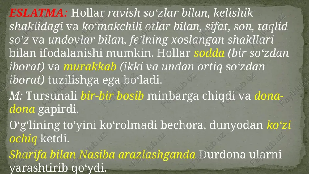 bular atayin sizni izlab kelibdi. bugun jo‘rttaga qilganday yomg‘ir ham tinmadi. …oling, ataylab siz uchun qilganman. u qasddan suqsuroyni xonga olib berdi. b. jo‘nalish kelishigidagi harakat nomi yoki harakat nomidan keyin uchun ko‘makchisi keltirish bilan: m: o‘quvchilar dam olishga dala shiyponiga kelishdi. bog‘dan chiqish uchun bir necha odim yurdi. bir chim uxlash uchun ko‘zini yumdi. c. ot yoki fe’llardan keyin uchun, deb, maqsadida, maqsadi bilan kabi so‘zlarni keltirish bilan: m: gulnor opa bafurja gaplashish maqsadida keldi. to‘ldiruvchi gapning biror bo‘lagiga (ko‘pincha kesimga) boshqaruv yo‘li bilan bog‘lanib, uni to‘ldirib kelgan ikkinchi darajali bo‘lak to‘ldiruvchi deyiladi. m: vodiylarni, tog‘larni oshib, dalalarda yolg‘iz adashib, kelib qoldi yurtingga omon. to‘ldiruvchi quyidagicha ifodalanadi: a. ot bilan: dilshod maktubni xolasiga berib, ko‘chaga chiqib ketdi. mansurov odamlar bilan xayrlashdi. b. otlashgan sifat bilan: yaxshiga qora yuqmas, yomonga el boqmas. c. otlashgan son bilan: beshni beshga qo‘shsak o‘n bo‘ladi. d. sifatdosh bilan: bilmagandan bilgan yaxshi, tog‘ri ishni qilgan …