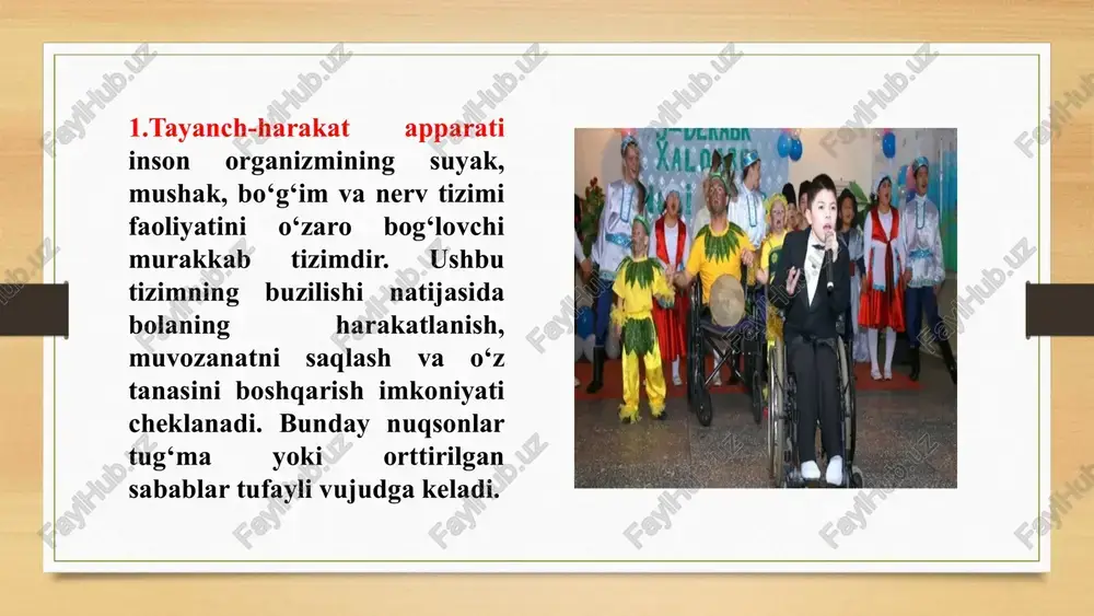 ladi. bolalardagi nuqson turi va darajasini hisobga olib erta reabilitatsiya qilish, ya'ni davolov chora-tadbirlarning uchta turi farqlanadi: tibbiy-pedagogik reabilitatsiya. bunda tayanch harakat a'zolari falajlangan bolaning tibbiyot xodimlari tomonidan jismoniy holatidagi kamchiliklarni tiklash bilan barobar korreksion pedagogik ishlar ham olib boriladi. reabilitatsiyaning bu turi bolani jismoniy va pedagogik jihatdan rivojlantiradi. kasbiy reabilitatsiyaning maqsadi tayanch harakat a'zolari falajlangan bolalarni mutaxassis defektologlar, pedagog va boshqalar tomonidan maxsus korreksion ishlarni olib borilishini ko'zlaydi. psixologik reabilitatsiya. reabilitatsiyaning bu turi tayanch harakat a'zolari falajlangan bolalarning psixologik rivojlanishdagi nuqsonlarni oldini olishga, emotsional doirasini, invidual shaxsiy xususiyatlarini yaxshilashga, ijtimoiy moslashuvini samaradorligini oshirishga qaratiladi. serebral falajlangan bolalar bilan ilk yosh davrda olib boriladigan reabilitatsion ishlarni oilada va maktabgacha tarbiya muassasalarida uzviy bog'langan holda olib borish lozim. davolov-korreksion-rivojlantiruvchi, reabilitatsion ish tizimi fizioterapevt, davolovchi jismoniy tarbiya mutaxassisi, nevropatolog, logoped va oligofrenopedagogning hamkorlikdagi kompleks ishi asosida amalga oshiriladi. serebral falaj bolalarni o'qitish uchun amaliy qo'llanmalar - agar bolaning nutqi bo'lsa, u xohlagan …
