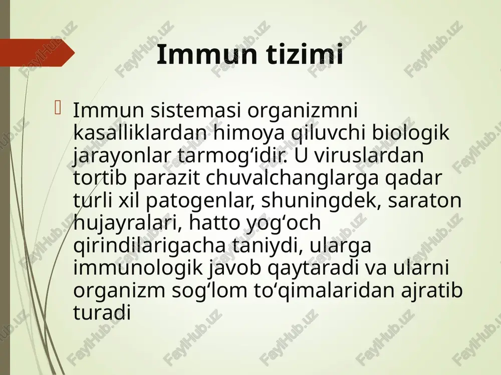 xujumi tk m tk tk tk tk tsitoliz tsitoliz tsitoliz ko'chirib o'tkazilgan buyrakning donor organizmidan “uzilib tushish reaktsiyasi” o'ta sezuvchanlik reaktsiyaning v – mexanizmi, bu – granulematoz reaktsiyasidir. sil tugunchasi revmatizm tugunchasi autoimmun kasalliklar autoimmun kasalliklar, bu – o'z immun tizimining antitelo va sezuvchanligi oshgan limfotsitlari tomonidan xususiy to'qima va a'zolar autoantigenlarini zararlash va kasallik qo'zg'atishdir. limfoid to'qima takomil topadigan embrional davrda barcha autologik to'qima va hujayralarda “tolerantlik” holatini paydo qilinadi. faqat: bosh miya, nervlar, ko'z, endokrin va jinsiy bezlar gematogistiogen to'sig'i mustaxkamligidan ularga nisbatan “tolerantlik” paydo bo'lmaydi. autoimmun kasalliklar autoimmun kasalliklar rivojlanishida 3 ta patogenetik mexanizmlar yotadi: 1 – aslida “tolerantlik” holati yo'q to'qima va a'zolar “gematogistiogen to'sig'i”ning buzilishi. 2 – immunokompetent tizim effektorlari funktsional holatining birlamchi buzilishi, “o'z” va “yot” antigenlarni farq qilish holatining yo'qolishi. 3 – organizmning kasallangan to'qima va a'zolarida “yot antigen” yoki “autoantigen” larning paydo bo'lishi. bu mexanizmlar asosida rivojlanadigan kasalliklar - 3 ta guruh …