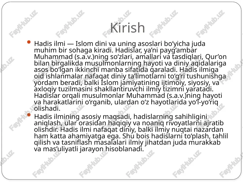 ir. imom buxoriy va uning hadis ilmiga qo‘shgan hissasi imom buxoriy (810-870) ismi muhammad ibn ismoil al-buxoriy sifatida tanilgan. u buxoroda tug‘ilib, o‘zining hadis ilmiga bo‘lgan qiziqishi bilan tanilgan va butun islom dunyosida e'tirof etilgan. imom buxoriy yoshligidan hadislar ilmiga qiziqib, buxoro, makkaga, madinaga, damashqqa va boshqa shaharlar orqali ko‘plab mashhur olimlardan ilm oldi. u o‘z vaqtida eng yaxshi hadis ilmi olimlaridan biri sifatida tanilgan. ilmiy yo‘nalishi hadislarni to‘plash va ularni sahihligini aniqlashga qaratilgan edi. imom buxoriyning ilmiy yondoshuvi hadislarning to‘g‘riligini tekshirishda juda qat’iy va tanqidiy edi. u hadislarning raviylari, ularning ishonchliligi va ishonchli raviylar zanjirini aniqlashda o‘zining metodologiyasini ishlab chiqdi. sahih al-buxoriy: hadislar to‘plami va uning ilmiy ahamiyati imom buxoriy "sahih al-buxoriy" asarini yaratgan, bu asar dunyodagi eng mashhur hadislar to‘plamlaridan biridir. "sahih al-buxoriy" 600 000 dan ortiq hadisni o‘z ichiga oladi, shundan faqat 7,275 hadis tanlab olinib, ularga o‘zining ilmiy metodologiyasi asosida tanqidiy tahlil olib borildi. buxoriy, hadislarning …
