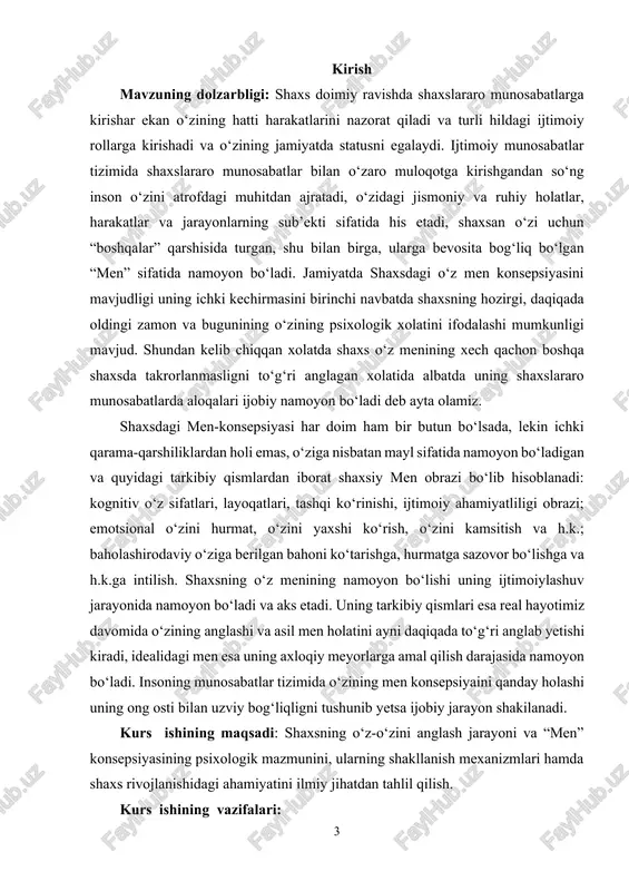 sh xususidagi asarlari g‘oyalari, prezidentimiz sh.m. mirziyoevning barkamol avlodni tarbiyalashga oid fikr -mulohazalari tashkil qildi. shuningdek, muammoga oid xorij va o‘zbek psixologlarining nazariy metodologik ma’lumotlari va g‘oyalari, i.v.dubrovina, x.y. liymets, yu.l.sierd , e.g‘.g‘oziev, m.g.davletshin, g.b.shoumarov, sh.r. baratov, b.rdodirov, r.z.gaynutdinov, v.m.karimova, n.a.sog‘inovlarning ta’lim sohasini isloh bo‘yicha fikr va nazariyalari tadqiqotimizning metodologik negizidir. kurs ishining tuzilishi va xajmi: kirish, 2 bob, 4 bo‘lim, xulosa, foydalanilgan adabiyotlardan iborat. i bob shaxsning ijtimoiylashuv jarayoni 1.1 shaxs tushunchasi. shaxs deganda muayyan jamiyatning a’zosi tushuniladi. odam shaxs bo‘lishi uchun ruhiy jihatdan taraqqiy etgan, o‘z xususiyati va sifatlari bilan boshqalardan farq qilishi lozim. har bir odam shaxs sifatida turlicha namoyon bo‘ladi. u o‘zining xarakteri qiziqishi va qobiliyati aqliy rivojlanganlik darajasi, ehtiyoji, mehnat faoliyatiga munosabati bilan farqlanadi. bular shaxsni o‘ziga xos xususiyati bo‘lib, ana shu ruhiy xususiyatlari rivojlanib ma’lum bir bosqichga yetsagina u mukammal kamol topgan inson deyiladi. shaxsning ijtimoiy voqe’likka, mehnatga, kishilarga, jamiyatga bo‘lgan munosabati turlicha, uning …