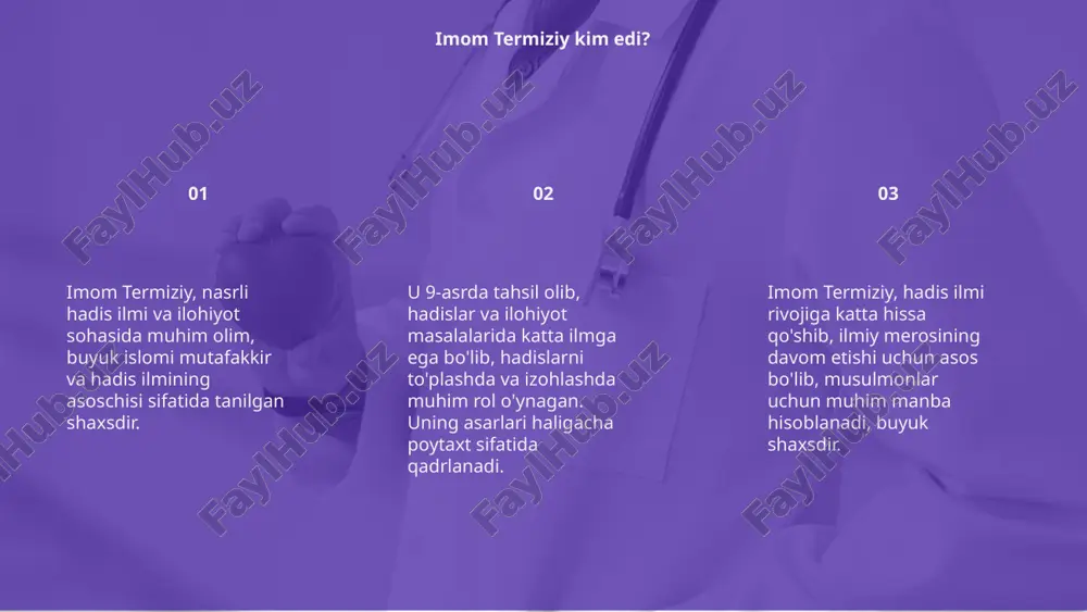 va ilmi fazilatlarini yoritadi. ushbu adabiyotlar orqali imom termiziyning ilmiy merosi va mehnati yosh avlod uchun ham muhim ilhom manbaidir. ularning yordamida tariximizni yaxshiroq anglaymiz. imom termiziyga bag'ishlangan adabiyot e’tiboringiz uchun rahmat image1.png image2.png image3.png image4.gif image5.png image6.png image11.png
