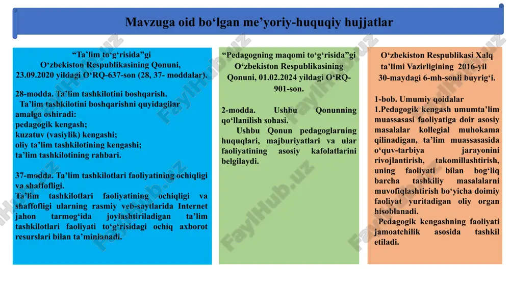 manfaatdor tomonlar bilan muntazam ravishda muloqot o‘rnatish; jamiyat a’zolarining fikrlarini tinglash va ularning takliflarini hisobga olish; pedagogik kengash qarorlarining bajarilishini nazorat qilish tizimini ishlab chiqish va joriy etish; pedagogik kengashlar faoliyatining samaradorligi va shaffofligini oshirish natijasida ta’lim sifatini yaxshilash va ta’lim muassasasida yanada qulay muhit yaratish. vazifalar 6 aqshda pedagogik kengashlar ta’lim tizimining samaradorligini oshirish va jamoatchilik bilan aloqalarni yaxshilashda muhim rol o‘ynaydi. ularning faoliyati maqsadli qarorlar qabul qilish, shaffoflikni ta’minlash va jamoatchilikning manfaatlarini hisobga olishni o‘z ichiga oladi. har bir ta’lim okrugida kengashlarning o‘ziga xos xususiyatlari bo‘lishi mumkin, ammo umumiy prinsiplar va amaliyotlar keng tarqalgan. pedagogik kengasharda dars rejalari, baholash tizimi, o‘quvchilar intizomi va maktabdagi turli tadbirlar muhokama qilinadi. kengashlarda yangi g‘oyalar va yondashuvlar muhokama qilinib, samarali qarorlar qabul qilinadi. kengashlar o‘z faoliyati to‘g‘risida maktab jamoasi va ommaviy axborot vositalariga muntazam hisobot beradi. yaponiya aqsh pedagogik kengashlari o‘quv jarayonini tashkil etish va muvofiqlashtirishda, pedagogik masalalarni hal qilishda, o‘qituvchilarning malakasini …