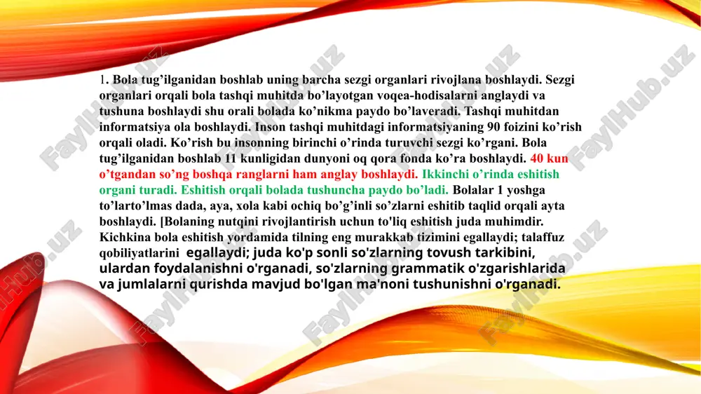 ‘ma deformatsiyasi, eshitish nervining atrofi, ximik zaxarlanish, tug‘ish davridagi travmalar, mexanik travmalar, kuchli ovoz ta’sirotlarining akustik ta’siroti bo‘lishi mumkin. eshitish buzilish o‘rta qo‘loqni o‘tkir shamollashi oqibatida yuzaga kelishi mumkin. eshitishning qat’iy buzilishi burun va halqum (adenoid, xronik shamollashish) kasalliklari natijasida ham kuzatiladi. bu kasalliklar chaqaloqlik chog‘ida jiddiy xavf soladi. eshitish pasayishiga ta’sir qiluvchi omillar orasida ototopsik preporatlar asosan antibiotiklar muhim o‘ringa egadir. eshituv funksiyasi buzilishi asosan chaqaloqlik davrida ko‘p uchraydi. l.v.neylan eshitish buzilishlari 70 %ni bolaning 2-3 yoshlarda kuzatilishini e’tirof etib o‘tadi. bola hayotining keyingi yillarida eshitishni pasayishi kam kuzatiladi. 3.eshitishda nuqsoni mavjud bolalar ta’lim – tarbiyasida tushurib qoldirilgan yillar, yuqori sinflarida konpensatsiya qilinaolmaydi, buzulishlarni bartaraf qilinishi uchun uzoq muddat, kuch talab etadi. ruxiy rivojlanish jarayonida birlamchi va ikkilamchi buzulishlar o‘rtasidagi iarxik munosabatlar buzuladi. ta’lim jarayonidagi dastlabki to‘siq – bu birlamchi nuqson sanaladi. keyingi bosqichlarda psixik rivojlanishi buzulishdagi ikkilamchi nuqsonlar bolaning ijtimoiy adaptatsiyasiga to‘sqinlik qila boshlaydi. buzilishlarning barcha tiplarida bolaning …