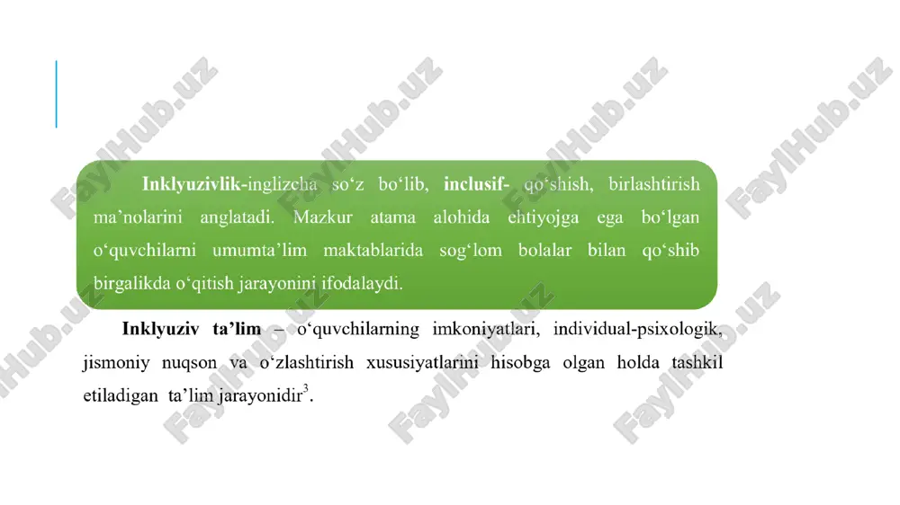 yoshgacha uyida bo’ladi. 10 yoki 12 yil maxsus ta’lim muassasasi(internat,maktab)da,o’zi kabi bolalar bilan tahsil olganda,sog’lom insonlar bilan muloqoti birmuncha cheklangan bo’ladi. bitirib chiqib,sog’lom insonlar orasida samarali yashab qolishi uchun yana kimningdir yordamiga muhtoj bo’ladi, bu davrda bola 19 yoshga kirgan bo’lib ota-onasi ham o’rta yoki undan katta yoshli bo’ladi,kollej yoki boshqa turdagi ta’limga jalb etilmasa,bu shaxs oilasi qaramog’ida qoladi chunki aksariyat ota-onalar avaylash maqsadida uyda boqib o’tirishga harakat qiladilar. sabab: farzandining sog’lom insonlar orasida ishlab yoki boshqa munosabatlarga kirishishiga ishonchi yetmaydi.boz ustiga ular atrofdagilarning farzandiga nisbatan salbiy munosabat qiladi degan xavotirda bo’ladilar. natijada imkoniyati cheklangan shaxs tor doiradagi kishilar jamoasida qolishga nahkum bo’ladi. kech oila quradi.agar turmush o’rtog’i ham o’zi kabi bo’lsa,ota-ona yana kichik oilani “tortishi” ga to’g’ri keladi.ular bolalik bo’lsa, yana mas’uliyat ko’payadi.biroq,bu davrda ota-onaning yoshi ancha ulg’ayib ularning o’zlari ham o’zgalar g’amxo’rligiga muhtoj bo’lishlari mumkin.demak,ota-ona keksalikka,shu bolasining taqdirini o’ylash bilan umr kechiradi. o’zbekistonda inklyuziv ta’lim ilk asoschilari va …