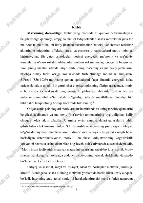 hissiyot bilan ham bog‘liq bo‘lib, ular xulq-atvor mohiyatidan tashqarida bo‘lmaydi, balki hissiy kechinmalar, motivlashgan omillar tizimi bilan uzviy aloqaga egadir. hissiyotning eng muhim funksiyalaridan biri shundan iboratki, unda inson uchun muhim ahamiyat kasb etuvchi daqiqalar uning uchun qanchalik zaruriyat ekanligini belgilashga xizmat qiladi. hissiyotning bu sohadagi boshqa bir funksiyasi nisbatan umumiyroq bo‘lib, odamning tashqi olamga, shaxslararo munosabatga, histuyg‘ularga negizlik muammosi hisoblanib, uning uchun ahamiyatli voqea va narsalarga nisbatan bog‘lovchilik xususiyatiga ega bo‘lgan muloqoti zaif emotsional holatlar doirasidan tashqariga chiqib, faol, barqaror, turg‘un jarayonlarni o‘z ichiga oladi. yuqoridagi mulohazalardan tashqari, motivlar funksional-energetik tomonlarini dinamik boshqarish vazifasini amalga oshiradi. e.g‘oziev “motiv – bu shaxs xulq-atvorining kognitivistik jarayoninibevosita tashqi olam bilan bog‘lovchi sub’ektiv tarzda aks etish demakdir” deb ta’kidlaydi.[footnoteref:2] [2: p.i.ivanov m.e.zufarova umumiy psixologiya 2020 yil] kurs ishining maqsadi: motiv va motivatsiya muammolarini o‘rganish. kurs ishining vazifalari: · tadqiqot maqsadi va vazifasini belgilash, shu ish yuzasidan ilmiy izlanishlar olib boorish · tadqiqot metodlarini …