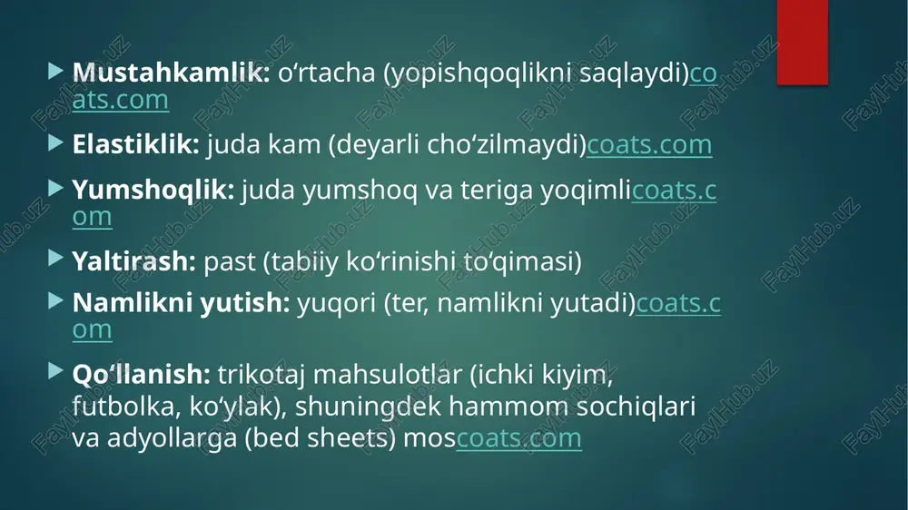 li o‘simlik tolalaridan biridircoats.com. uning elastikligi past – u osongina buruq tushadicoats.com, ammo yuqori mustahkamligi tufayli qorinishga chidamliroq. zig‘ir ipi yumshoq, qulay yuzaga ega bo‘lib, yuvilganda yanada silliqlashadi. ushbu ip juda yuqori namlikni shimadicoats.com va issiq paytida salqinlik hisini beradi. yaltirash xususiyati ham mavjud, bu zig‘irga biroz qoralik (shinasilik) beradicoats.com. zig‘ir ipi yozgi kiyimlar (ko‘ylak, bluzka, futbolka), shuningdek stol matolari, sochiqlar va og‘irroq matolar (polda) tikishda ishlatiladicoats.com. mustahkamlik: juda yuqori (eng mustahkam o‘simlik tolasi)coats.com elastiklik: kam (osongina buruq tushadi)coats.com yumshoqlik: tepada silliq (yuvilganda yanada yumshaydi)coats.com yaltirash: o‘rtacha (ozgina yorqinlik)coats.com namlikni yutish: juda yuqori (po‘stsi yuqori gidrofil xossa bilan)coats.com qo‘llanish: yozgi kiyimlar (ko‘ylaklar, shimlar, ko‘ylagi), stol matolari, sochiqlar va sumkalarda qo‘llaniladicoats.com polyester ipi polyester sintetik polimer toladan tayyorlanadi. u termoplastik bo‘lib, yuqori mustahkamlik va bardoshlilik xususiyatiga egacoats.com. polyester ipi suvni deyarli singdirmaydi (gidrofob), shu bois tez quruvchan va chidamlidir. bu ip yaxshi qiyshmaydi va kimyoviy moddalarga nisbatan juda chidamli. aestetik tomondan …