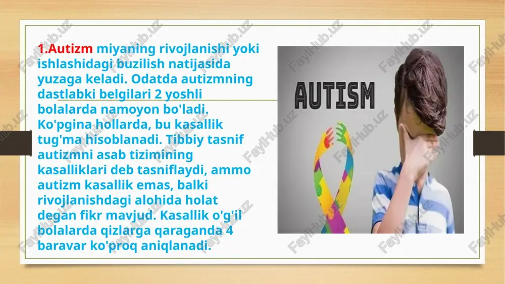 uloqot qilish istagi va tengdoshlariga qiziqish yo'qligi; atrofdagi odamlarning borligi va hissiyotlariga e'tibor bermaslik;; rivojlanishning dastlabki bosqichi uchun normal bo'lgan taqlid funktsiyasining yo'qligi. bolalar ota-onalarining yuz ifodalarini takrorlashmaydi, javoban tabassum qilmaydi, kattalarning imo-ishoralarini takrorlamaydi yoki ongli ravishda qilmaydi;bolalar o'zlarining muammolari va fikrlarini ota-onalari bilan bo'lishmaydilar.; 2.nutq va nutq bo'lmagan aloqa rivojlanishidagi muammolar: - nutqning yetishmasligi;yuz ifodalari va imo-ishoralarning yetishmasligi;; - bola ko'z bilan aloqa qilishdan qochadi, suhbatdoshga tabassum qilmaydi;; - nutq rivojlangan, ammo bola boshqalar bilan aloqa qilmaydi, ularga javob bermaydi; 3. stereotipik xatti-harakatlarning sababi bo'lgan tasavvur rivojlanishidagi muammolar: - asabiy xatti-harakatlar; - begonalashish;; - bola yolg'iz o'ynashni yaxshi ko'rishi;; - o'yinlarni, xayoliy voqealarni ixtiro qilishga qiziqish yo'qligi;; - bola bitta o'yinchoq yoki narsaga bog'lanib qoladi va u bilan ajralmaydi, doimo qo'lida ushlab turishga intiladi; autizmni o'z vaqtida davolamaslik bemorning jamiyat bilan ijtimoiy va hissiy aloqalarining buzilishiga olib kelishi mumkin. bolalarda autizm uchun zarur bo'lgan davolanish quyidagilarni o'z ichiga oladi: …