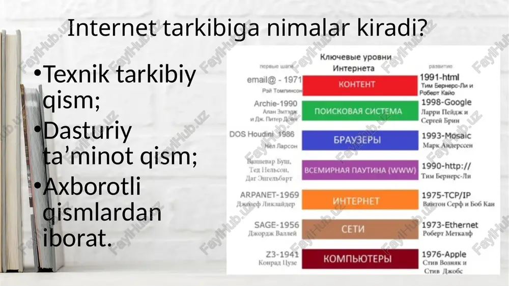 ishlatiladi.. “matematika fani” filetype:doc ma’lum bir sayt doirasida qidirish uchun site: so’zi ishlatiladi. qur’on site:uz ~ belgisi yordamida berilgan so’zga o’xshash so’zlarni hisobga olib qidirish: ~kitob veb sahifa sarlavhalari bo’yicha qidirish intitle: intitle:millat qo’sjhimcha qulayliklar. kalkulyator sifatida ishlatish muimkin; manzilga qarab ob-havo ma’lumotlarini olish mumkin; manzilga qarab mahalliy vaqtni aniqlash mumkin; konvertor bir-birlikdan boshqa birlikka o’tkazish mumkin. milliy qidiruv tizimi – www.uz milliy qidiruv tizimada: milliy axborot-qidiruv tizimini rivojlantirish ishlari axborot va kompyuter texnologiyalarini rivojlantirish va joriy etish uzinfocom markazi tomonidan olib boriladi. milliy internet resurslari (vebsaytlari) katalogini va veb-saytlar reytingi yuritadi, saytlar bo'yicha jamlangan statistik ma'lumotlarni to'playdi hamda axborot texnologiyaari sohasidagi yangiliklar va maqolalarni yoritib boradi. foydalanuvchilari o'zlariga kerak bo'lgan saytni mavzular bo'yicha (iqtisod, oav, madaniyat va boshqalar) qidirish orqali tezroq topishlari mumkin. tizimda o'zbekiston respublikasining hukumat portali doirasida, shu jumladan «bir darcha» rejimida faoliyat ko'rsatadi. ziyonet.uz – jamoat ta’lim axborot tarmog’i. www.ziyonet.uz ziyonet tarmog’i 2005 yil 28 sentyabrda …