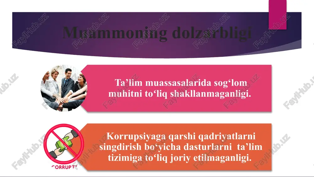 ligi: xulosa qilib aytadigan boʻlsak, korrupsiya — taraqqiyot kushandasi, xavfsizlikka tahdid tugʻdiruvchi xavfli jinoyat. bu illatga qarshi kurashish tegishli organlarninggina emas, barchaning ishi boʻlishi zarur. shundagina biz ushbu xavfni bartaraf etgan boʻlamiz.; tanish-bilishchilik, qarindosh-urug‘chilik, poraxo‘rlik va tovlamachilik kabi omillarga toqatsiz munosabatni shakllantirish orqali xodimlar va ta`lim oluvchilarda huquqiy savodxonlik oshadi. yakkama-yakka suhbatlarda korrupsiyaning shakli, ishlash mexanizmi, amalga oshirishdagi halqalar – shaxslar, usul va vositalar haqidagi ma’lumotlar to‘planadi ota-onalar va jamoatchilik tomonidan tizimda aniqlangan korrupsion holatlarning aniq faktlarini o‘z vaqtida taqdim etishlari mazkur illatga qarshi kurashishda samarali harakatdir. xulosa: takliflar: tanlov komissiyasining qarori asosida ishga olish tizimini joriy etish korrupsiyaga qarshi kurashishni qadriyat darajasiga olib chiqish maktablarda korrupsiya va uning oqibatlari bo`yicha alohida o`quv fani tashkil etish yoki huquq darslarida real keyslar bilan ishlashni yo`lga qo`yish. bunda o`quvchilar real holatlarda ro`lli o`yinlar orqali sud jarayoni tashkil qiladilar. maktabda rahbar, ota-ona va o‘qituvchilar o‘rtasida korrupsion holatlarni oldini olish maqsadida adolat qutilarini qayta …