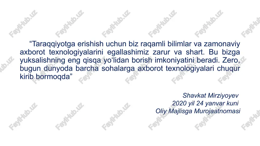 ladigan belgilar ketma-ketligi. axborot tizimiga kirish id.egov.uz yagona identifikatsiya tizimi (oneid) eri elektron raqamli imzo 16 axborot tizimlariga kirish vositalari № axborot tizimlari, portal, platformalar jismoniy shaxs yuridik shaxs 1 emaktab.uz 2 erp.maktab.uz 3 my.mehnat.uz 4 my.gov.uz 5 e-shahodatnoma.uz 6 stesting.uz 7 my.maktab.uz 8 onlinedu.uz 9 my.soliq.uz 10 vacancy.argos.uz axborot tizimlariga kirish vositalari № axborot tizimlari, portal, platformalar jismoniy shaxs yuridik shaxs 1 emaktab.uz login: -parol: login: - parol: 2 erp.maktab.uz - login-parol 3 my.mehnat.uz oneid - id.egov.uz eri 4 my.gov.uz oneid - 5 e-shahodatnoma.uz - oneid 6 stesting.uz login-parol login-parol erp 7 my.maktab.uz tel raqam, parol - 8 onlinedu.uz login-parol, oneid login-parol 9 my.soliq.uz eri, mobil imzo, usb-token oneid eri, mobil imzo, usb-token 10 vacancy.argos.uz oneid yagona milliy mehnat tizimi (my.mehnat.uz) id.egov.uz yagona identifikatsiya tizimi (oneid) 19 yagona interaktiv davlat xizmatlari portali (my.gov.uz) 20 amaliy mashg‘ulot (20 minut) qr-code bilan ishlash har bir guruh bittadan qr-code ni skaner qilishadi. …