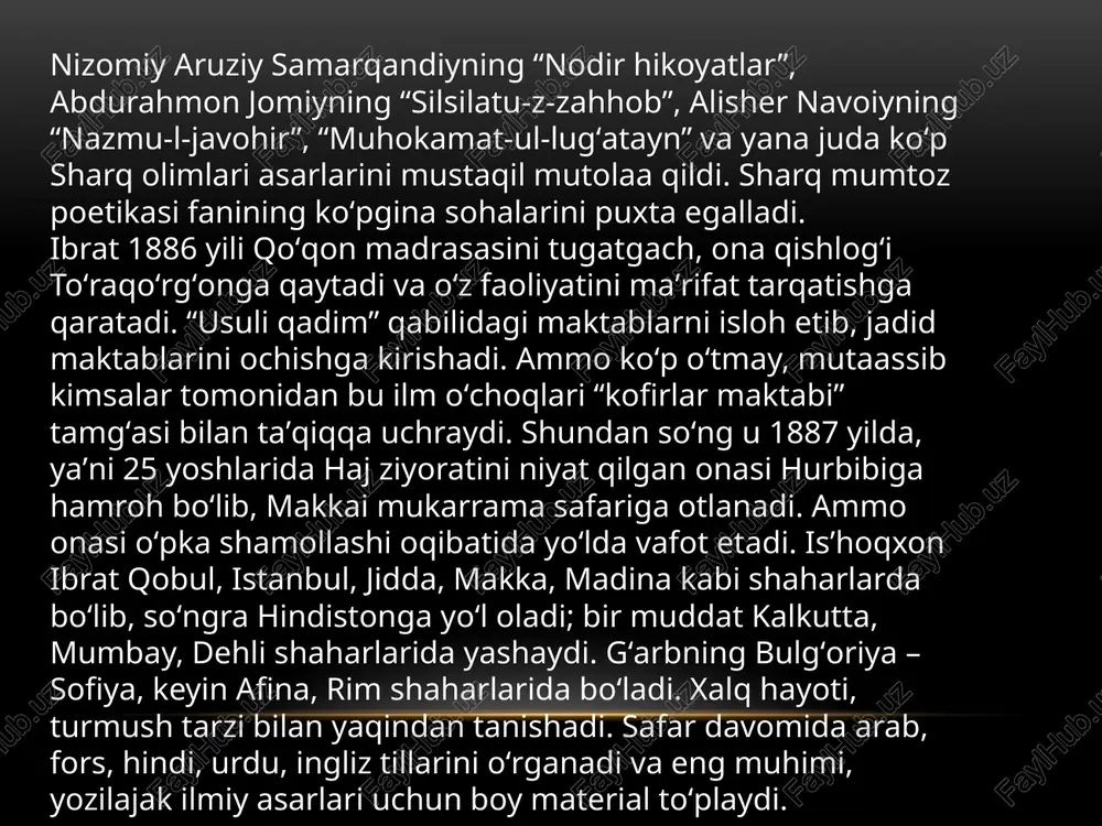 m asari – “mezon ul-zamon” yaratiladi. isʼhoqxon ibrat matbaachi sifatida 1908 yildayoq namanganda “matbaai isʼhoqiya”ni tashkil etib, kitoblar nashriga kirishadi, ilmiy, tarixiy, badiiy asarlar bilan birga, zamonaviy mavzulardagi ilm-maʼrifat va maʼnaviyat rivojiga xizmat qilishga yoʻnaltirilgan koʻplab kitoblarni chop etadi. ibratning shoir sifatida ham koʻplab sheʼrlar yaratgani, hatto devon tartib berganligi haqida maʼlumotlar bor, lekin devon bizgacha yetib kelmagan. faqat oʻsha davr matbuotida eʼlon qilingan sheʼrlarigina saqlanib qolgan. ibratning mazkur sheʼrlari asosan tarbiyaviy, maʼrifiy, axloqiy, didaktik mazmunda. jumladan, u bir sheʼrida:deya oʻzining hayotga, jamiyatga, tiriklikka boʻlgan munosabatini anglatadi.ibratning milliy kutubxona, kitobxonlik ishlarining ilk tashkilotchisi va targʻibotchisi sifatidagi xizmatlari ham beqiyosdir. u asos solgan “kutubxonai isʼhoqiya” fondi bu jihatdan ancha boy boʻlib, kitob berish va olish maʼlum tartib-qoida asosida yoʻlga qoʻyilgan edi. image1.png image3.png image4.png image5.png image6.png image7.png image8.png /docprops/thumbnail.jpeg
